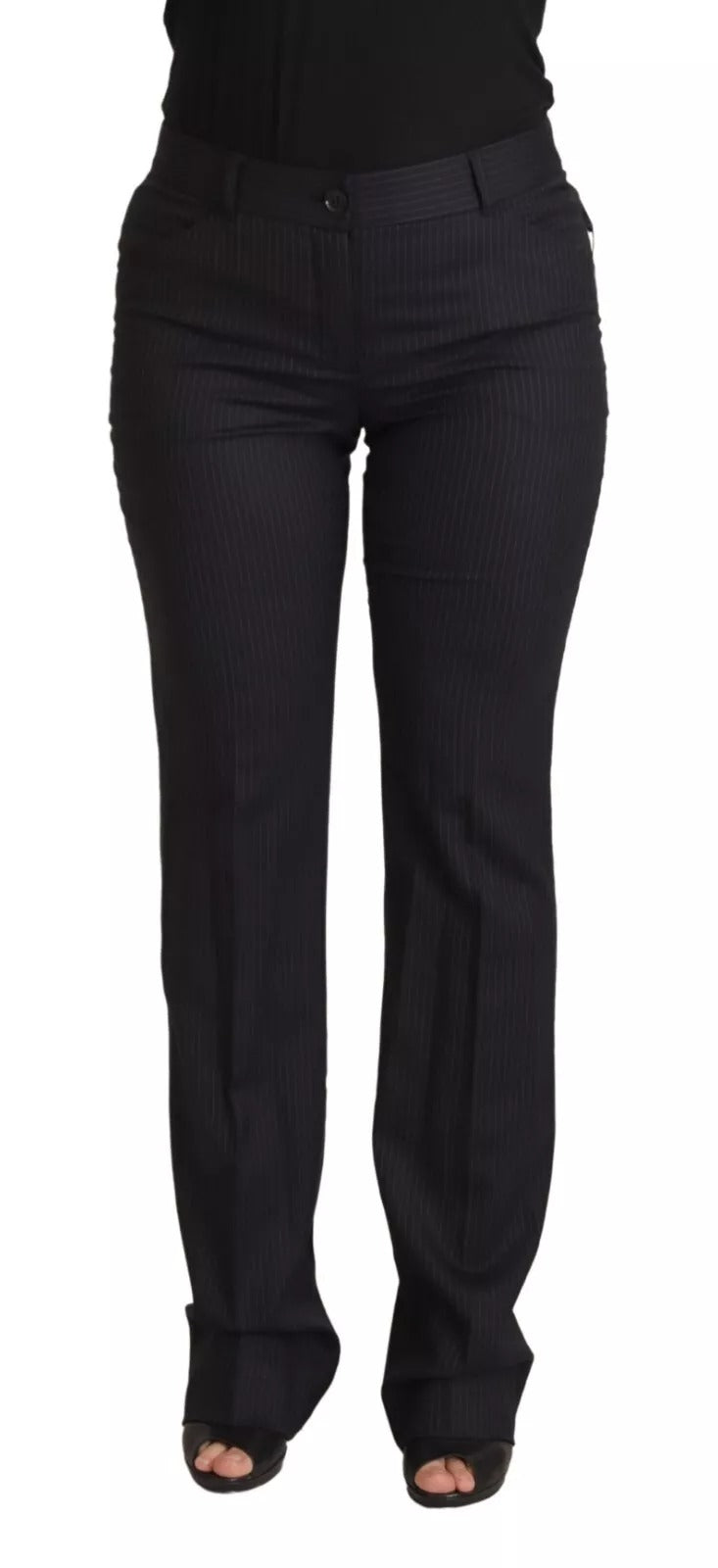 Pantalon Dolce & Gabbana à rayures noires, taille moyenne, pantalon chic pour femme, vue de face.