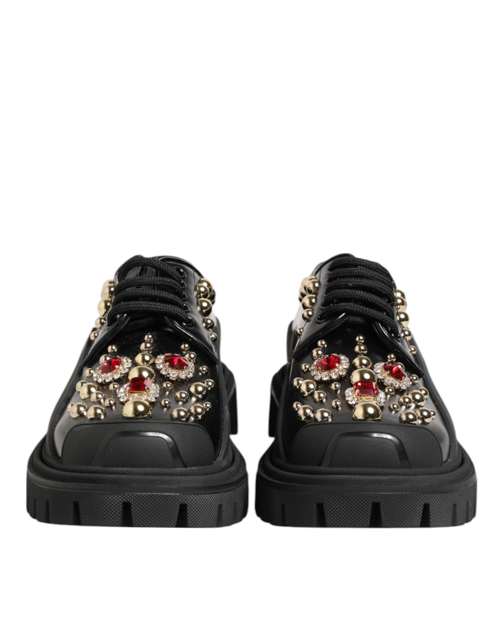 Chaussures Derby en cuir noir de Dolce & Gabbana ornées de cristaux et de bijoux, élégantes et sophistiquées.