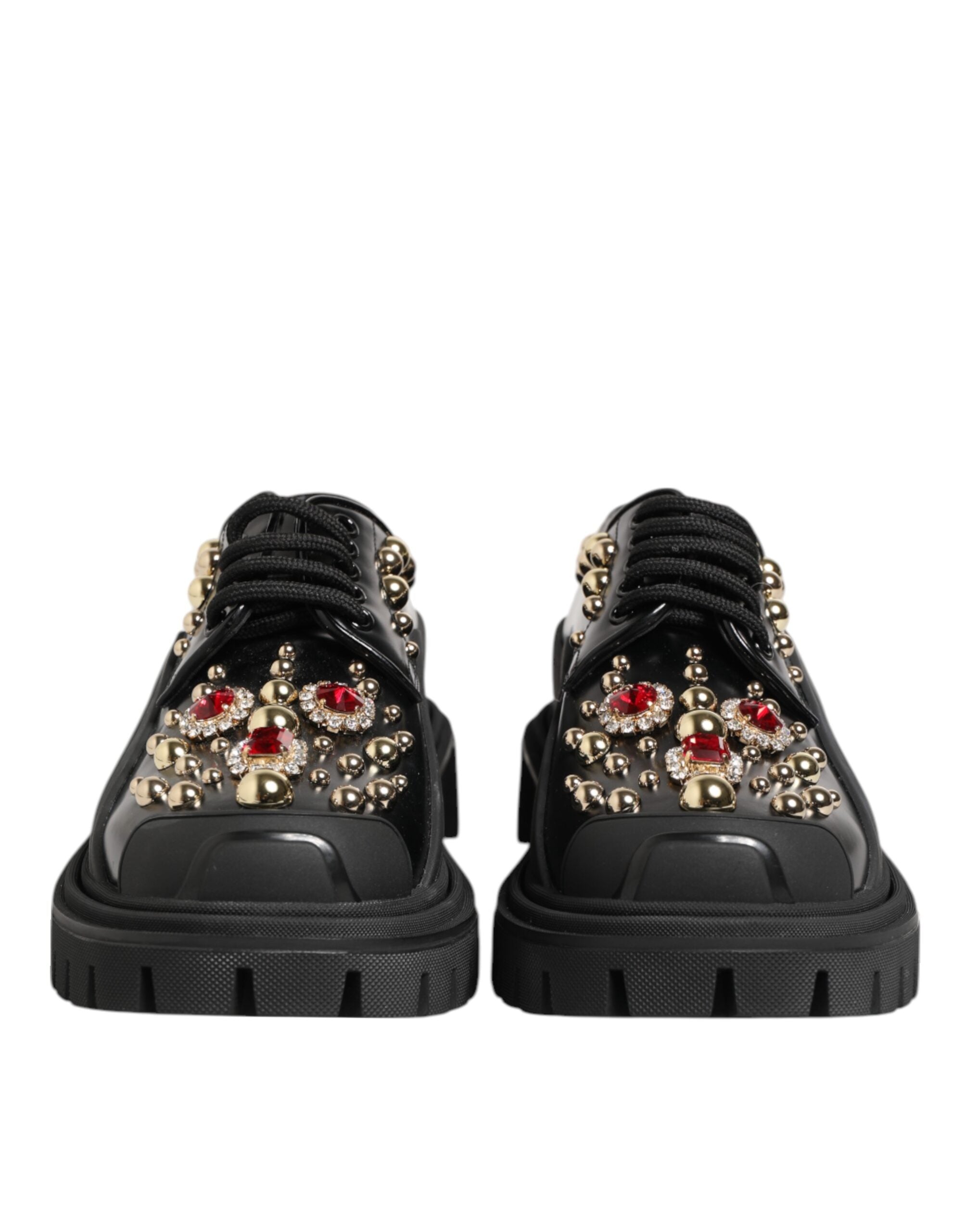 Chaussures Derby en cuir noir de Dolce & Gabbana ornées de cristaux et de bijoux, élégantes et sophistiquées.