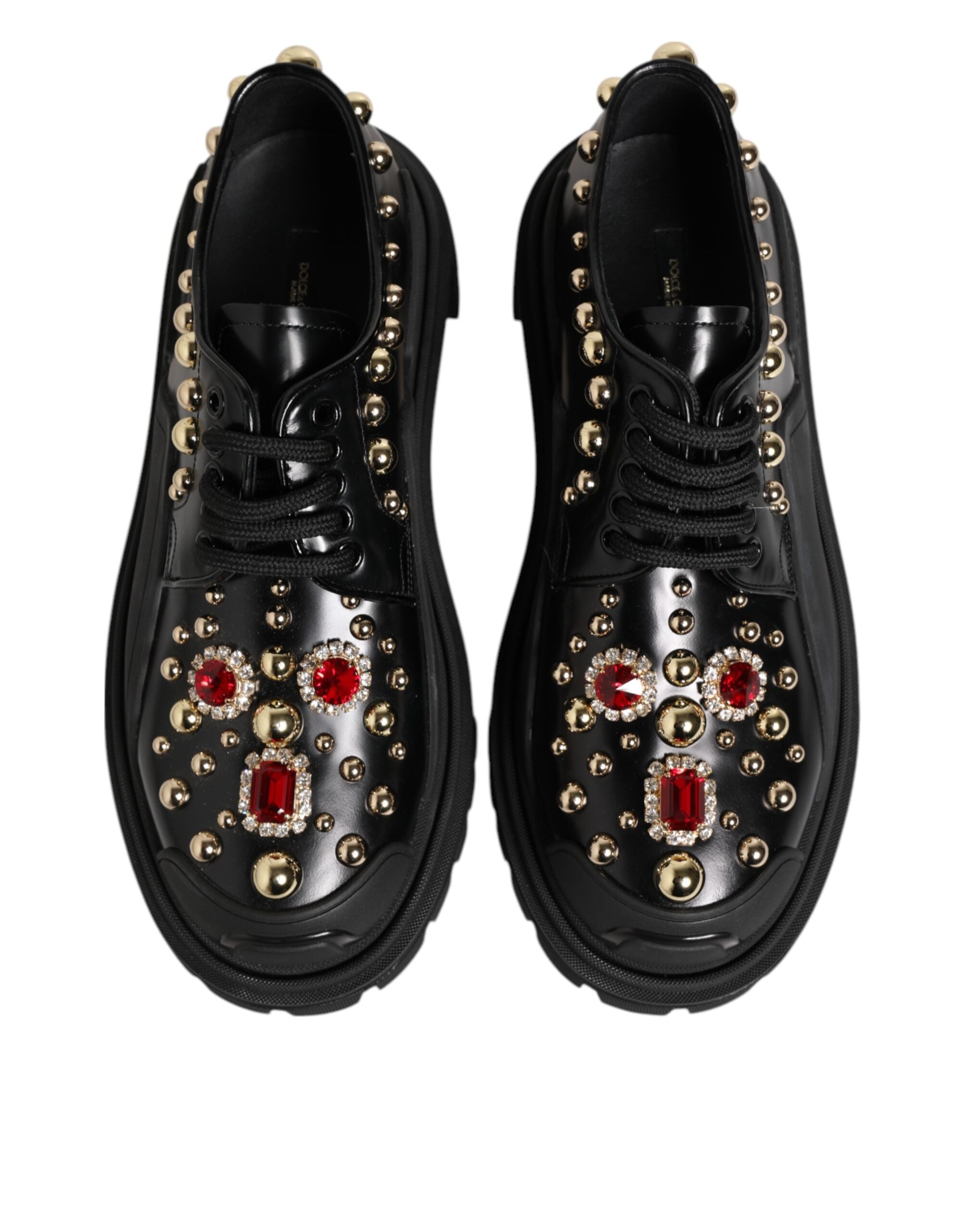 Chaussures Derby en cuir noir Dolce & Gabbana ornées de cristaux et de bijoux, élégantes et sophistiquées.