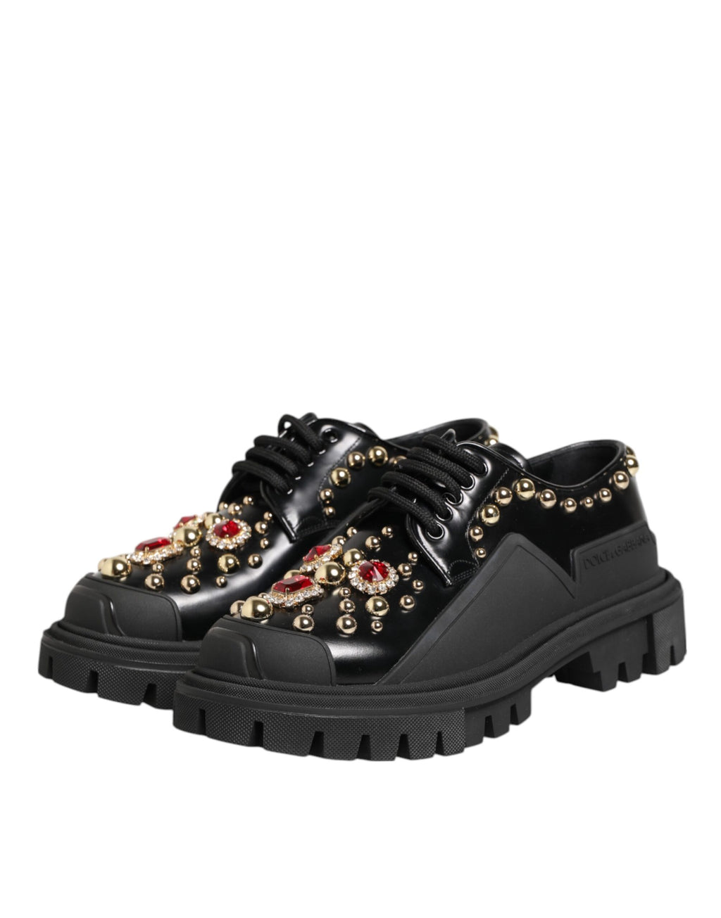 Chaussures derby en cuir noir Dolce & Gabbana ornées de cristaux et bijoux, élégantes et sophistiquées.
