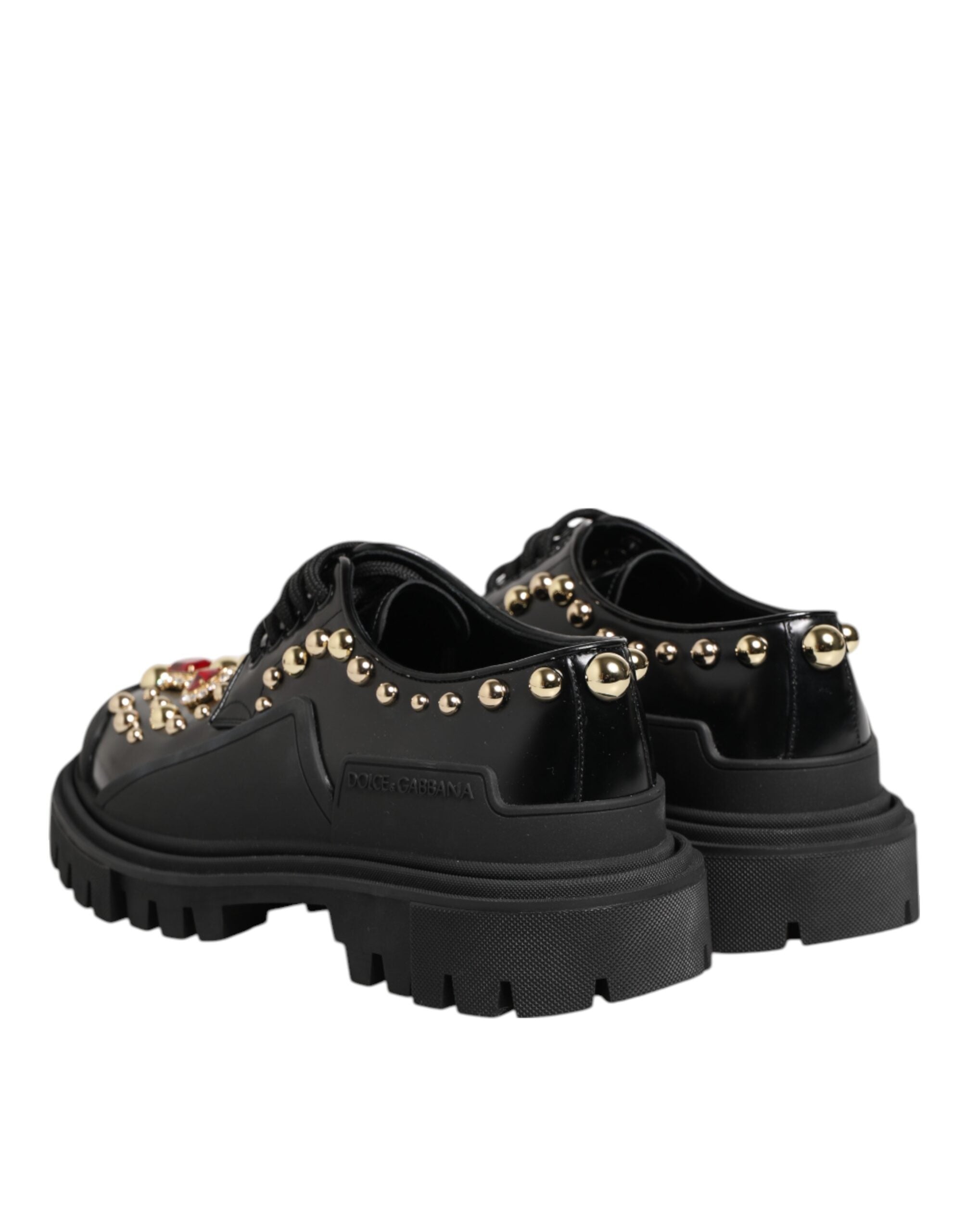 Chaussures derby en cuir noir Dolce & Gabbana ornées de cristaux et de bijoux, élégantes et sophistiquées.