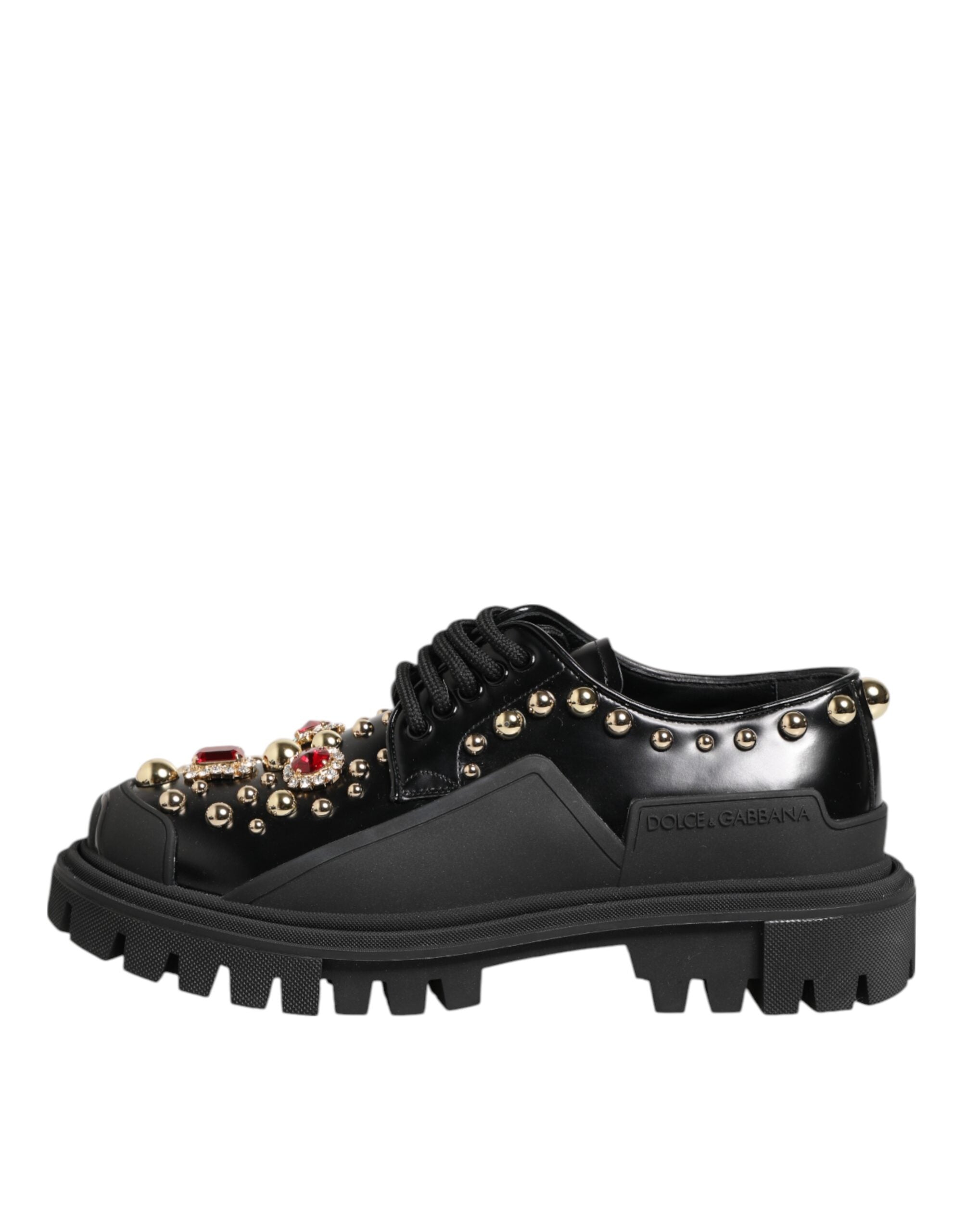 Chaussures Derby en cuir noir Dolce & Gabbana ornées de bijoux et de cristaux, élégantes et sophistiquées.