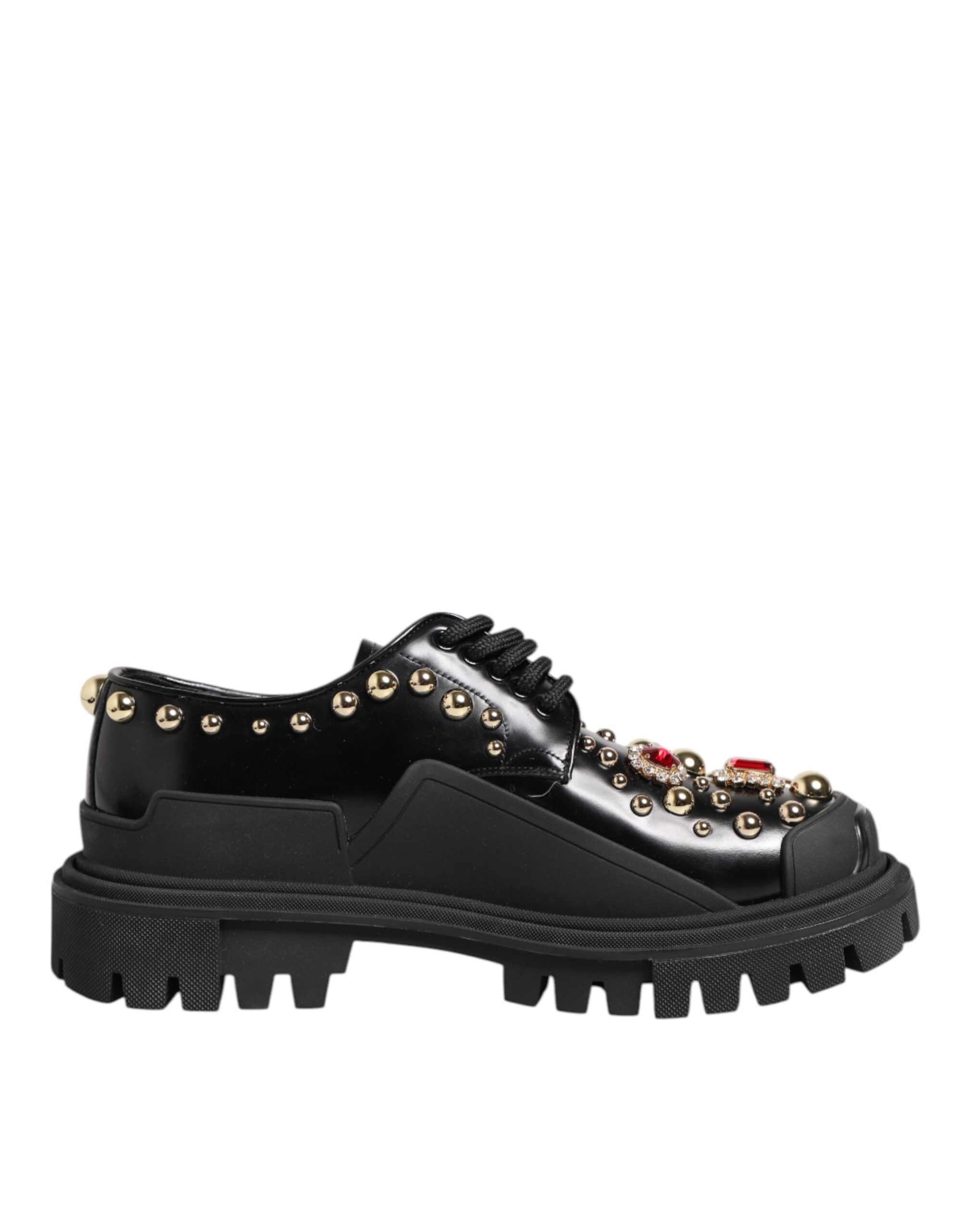 Chaussures Derby en cuir noir Dolce & Gabbana avec des cristaux ornementaux et des bijoux élégants.