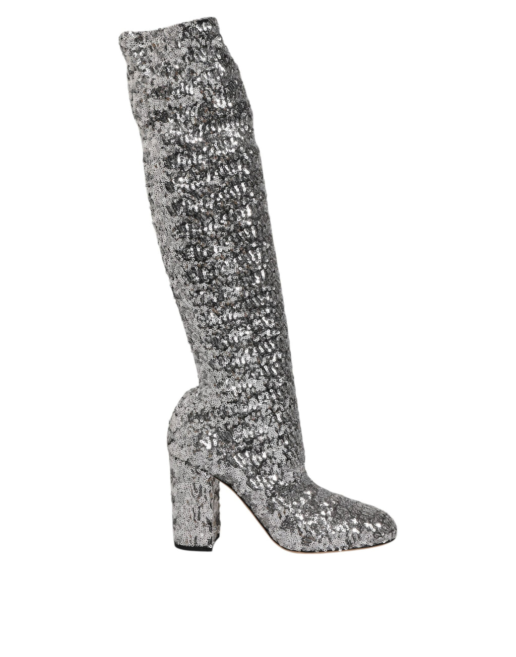 Chaussures Dolce & Gabbana à talons hauts avec sequins argentés et glitter, bottines élégantes pour femmes.