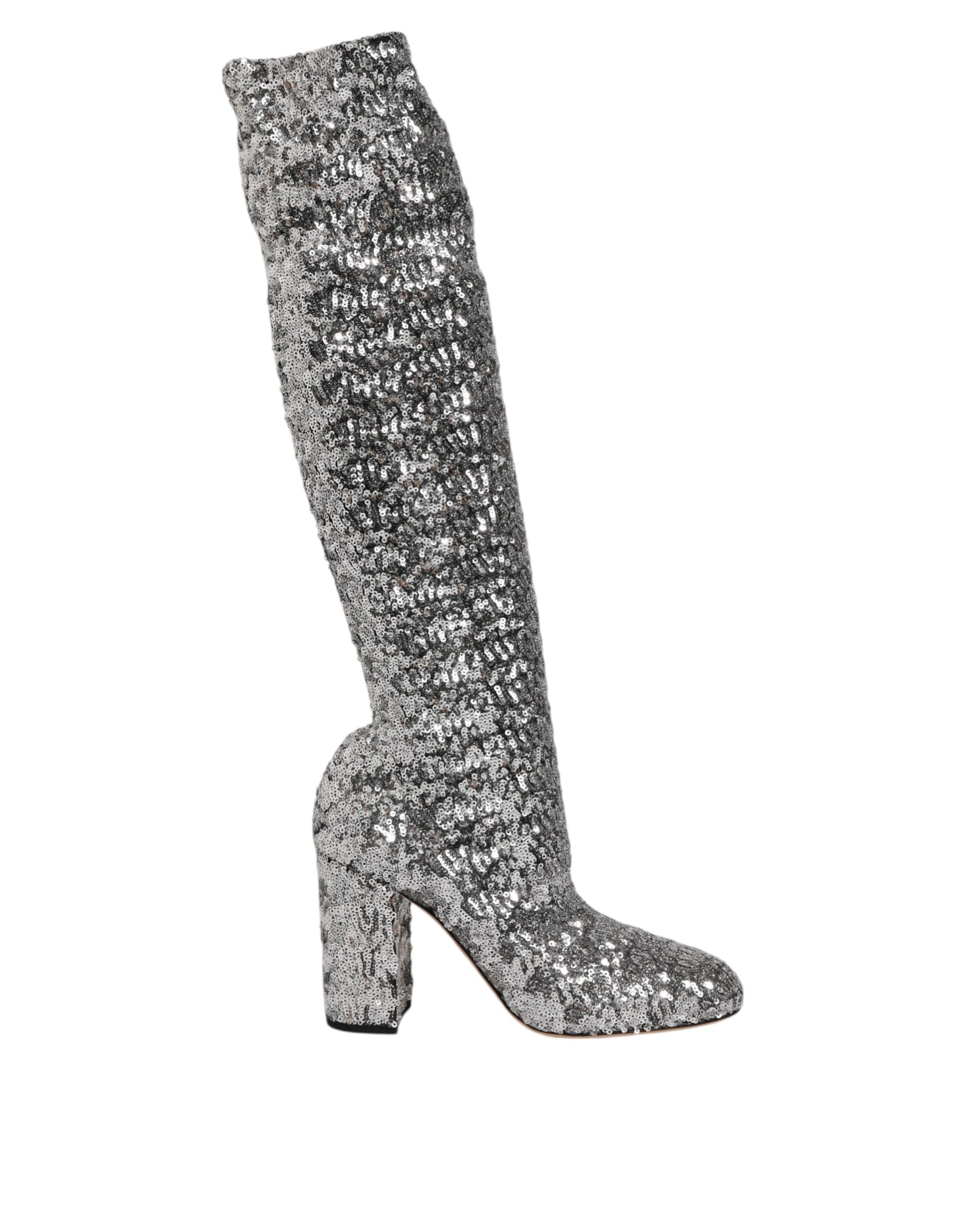 Bottes à talons hauts en cuir argenté avec sequins et paillettes, chaussures Dolce & Gabbana, style élégant et brillant