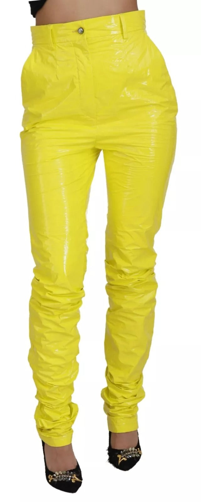 Pantalon slim taille haute jaune pour femme de Dolce & Gabbana, coupe ajustée et élégante, en tissu léger.