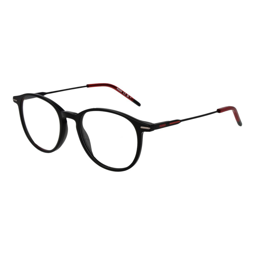 Lunettes Hugo Boss en acétate noir avec monture élégante et moderne, vues de face contre un fond blanc.