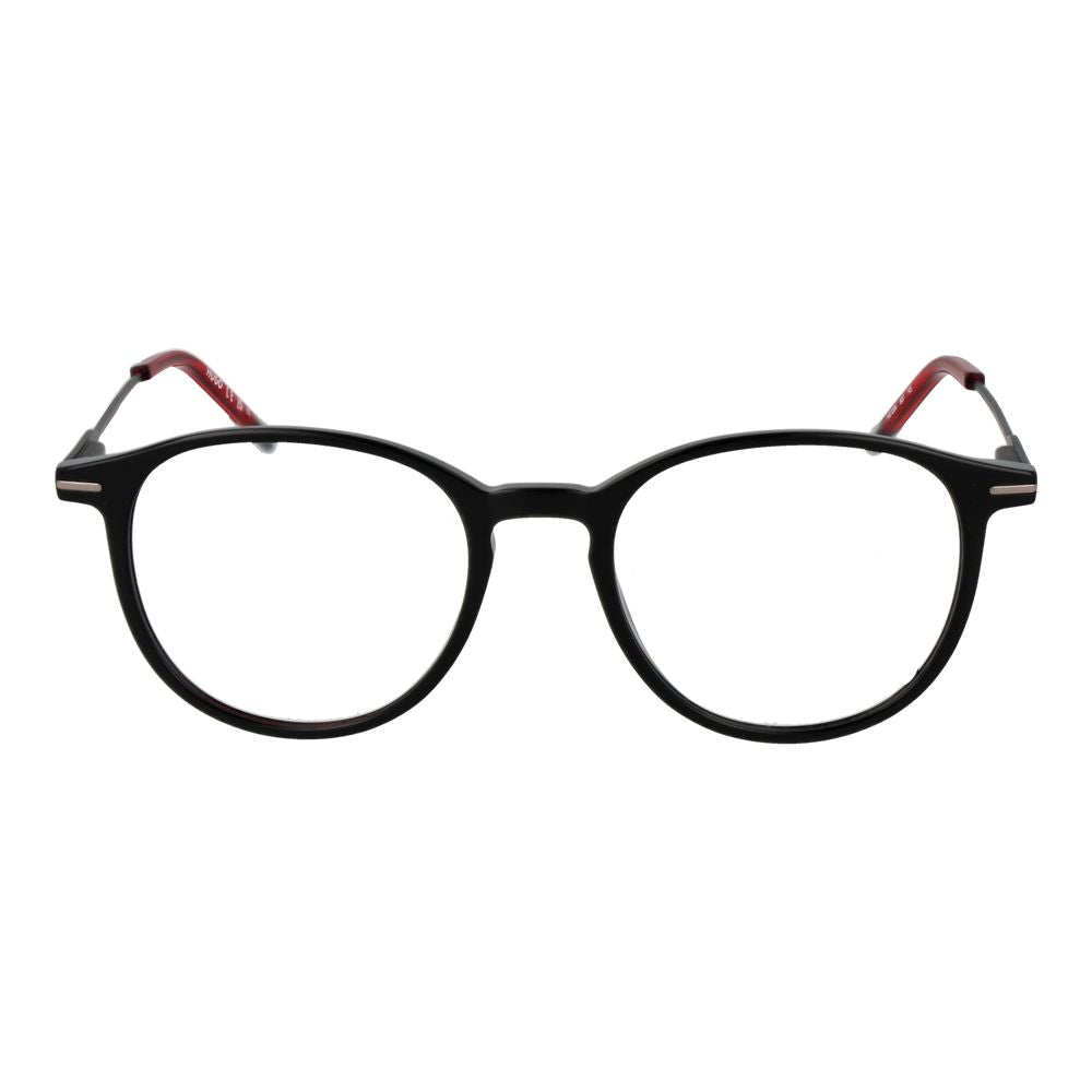 Lunettes en acétate noir Hugo Boss avec monture élégante, vues de face, pour un style sophistiqué et moderne.
