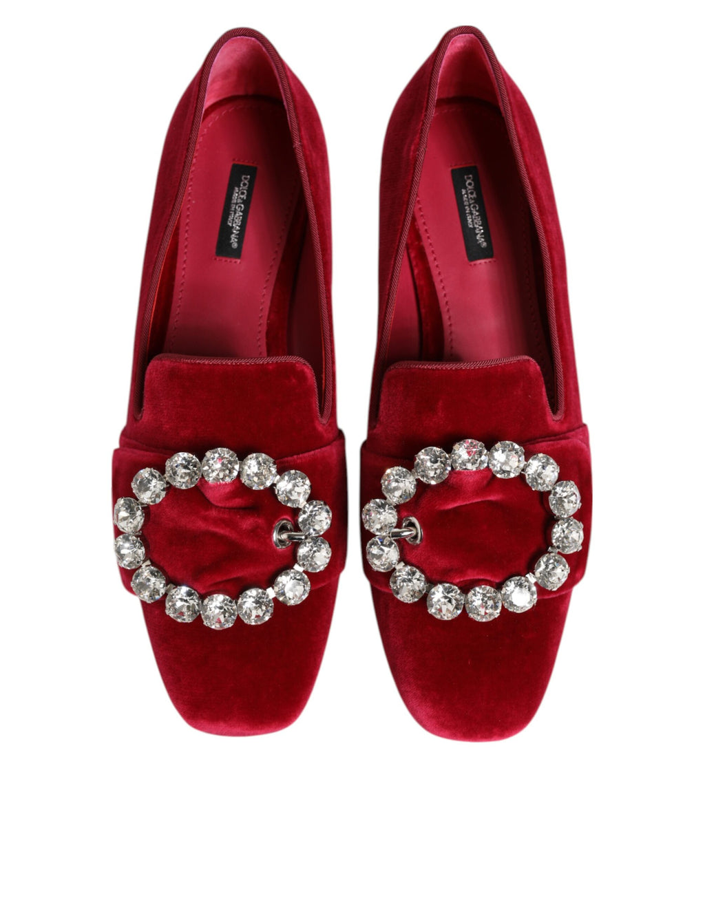Chaussures Dolce & Gabbana mocassins en velours rouge avec boucle en cristal, chaussures plates élégantes.