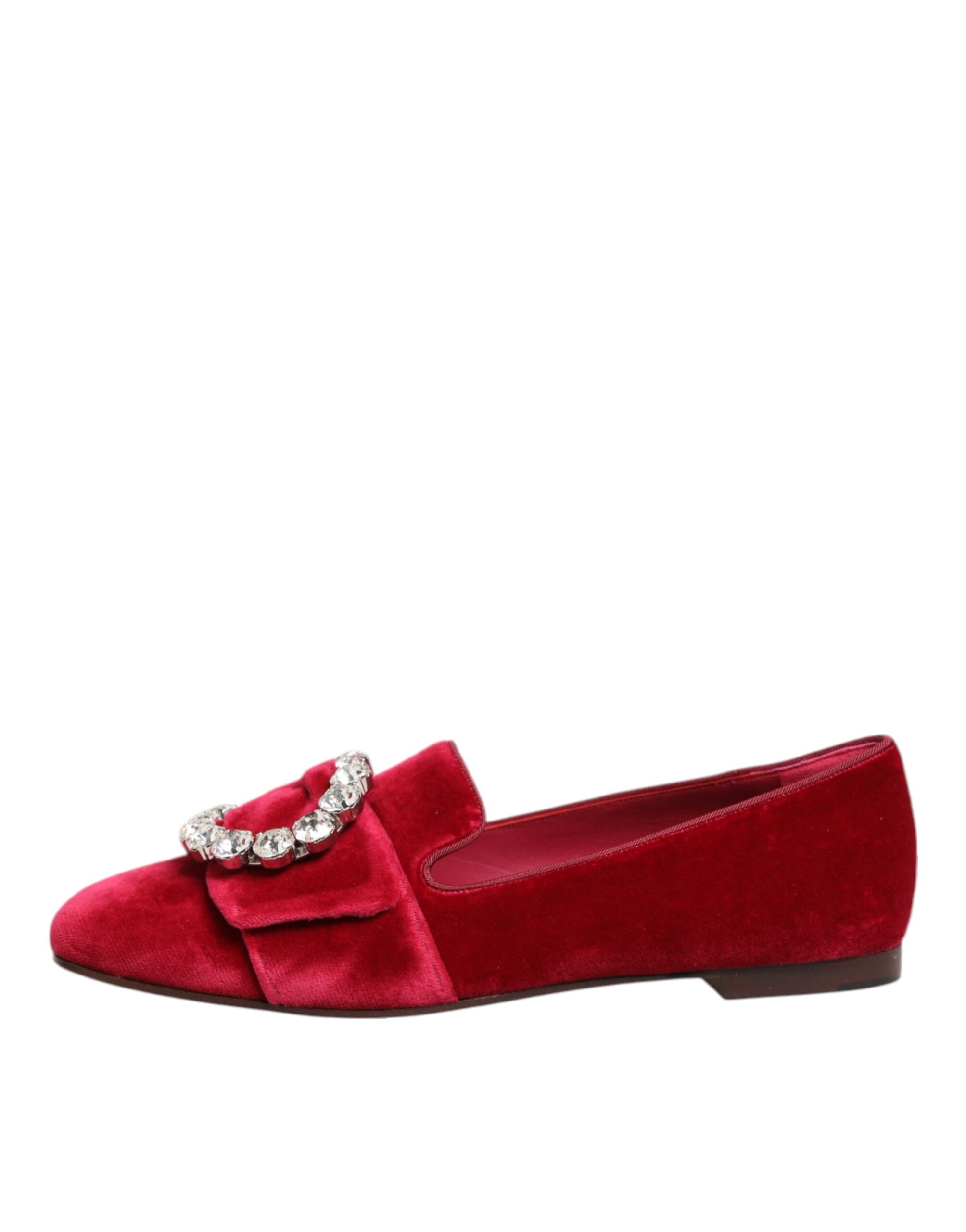 Chaussures mocassins Dolce & Gabbana en velours rouge avec boucle en cristal, chaussures plates élégantes.