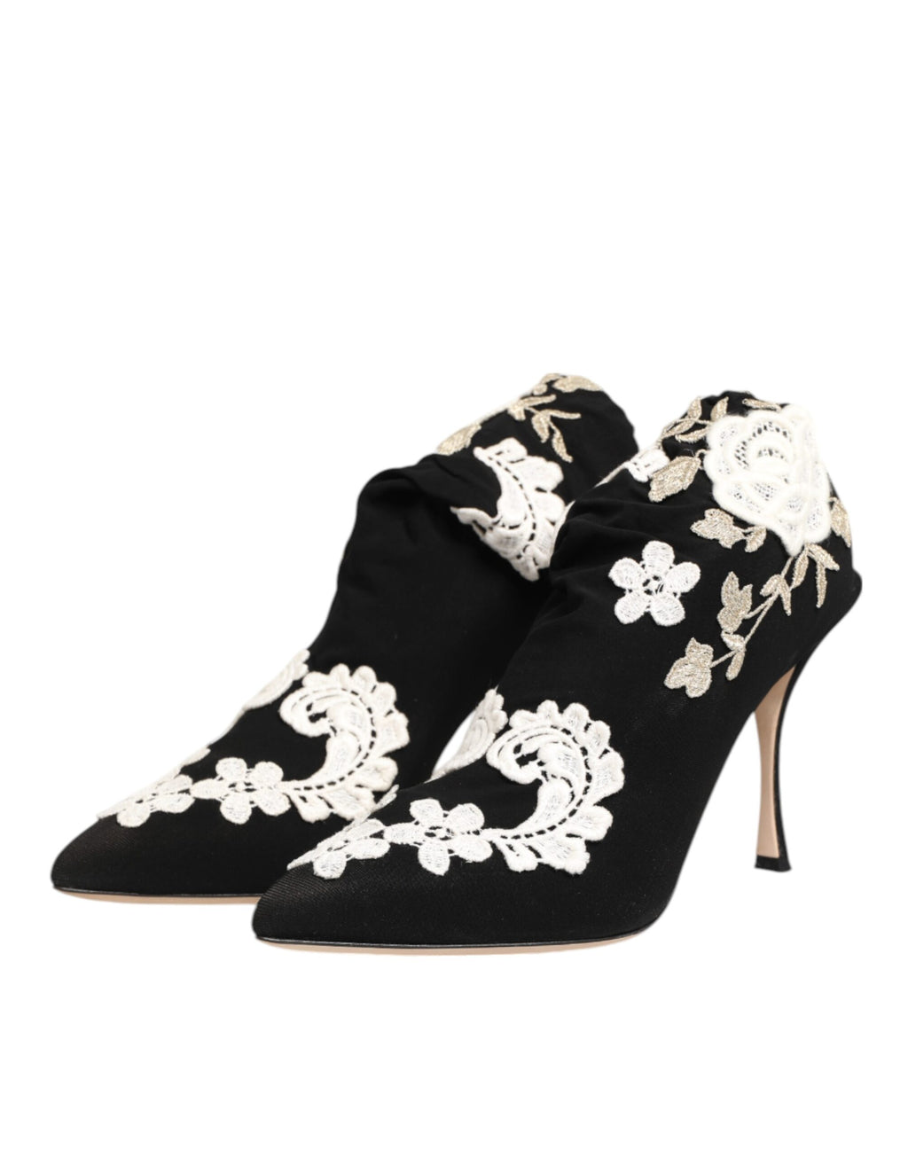 Botines en jersey noir et blanc Dolce & Gabbana avec broderies élégantes, style stiletto et design sophistiqué.