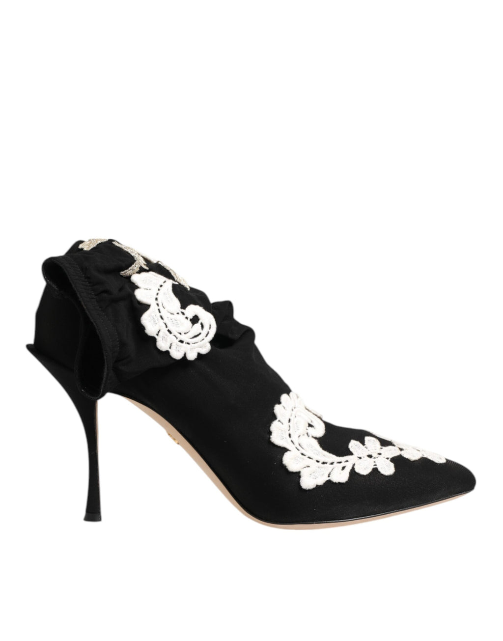 Bottes stilettos Dolce & Gabbana en jersey noir et blanc avec broderies élégantes, visibles en détail sur l'image.