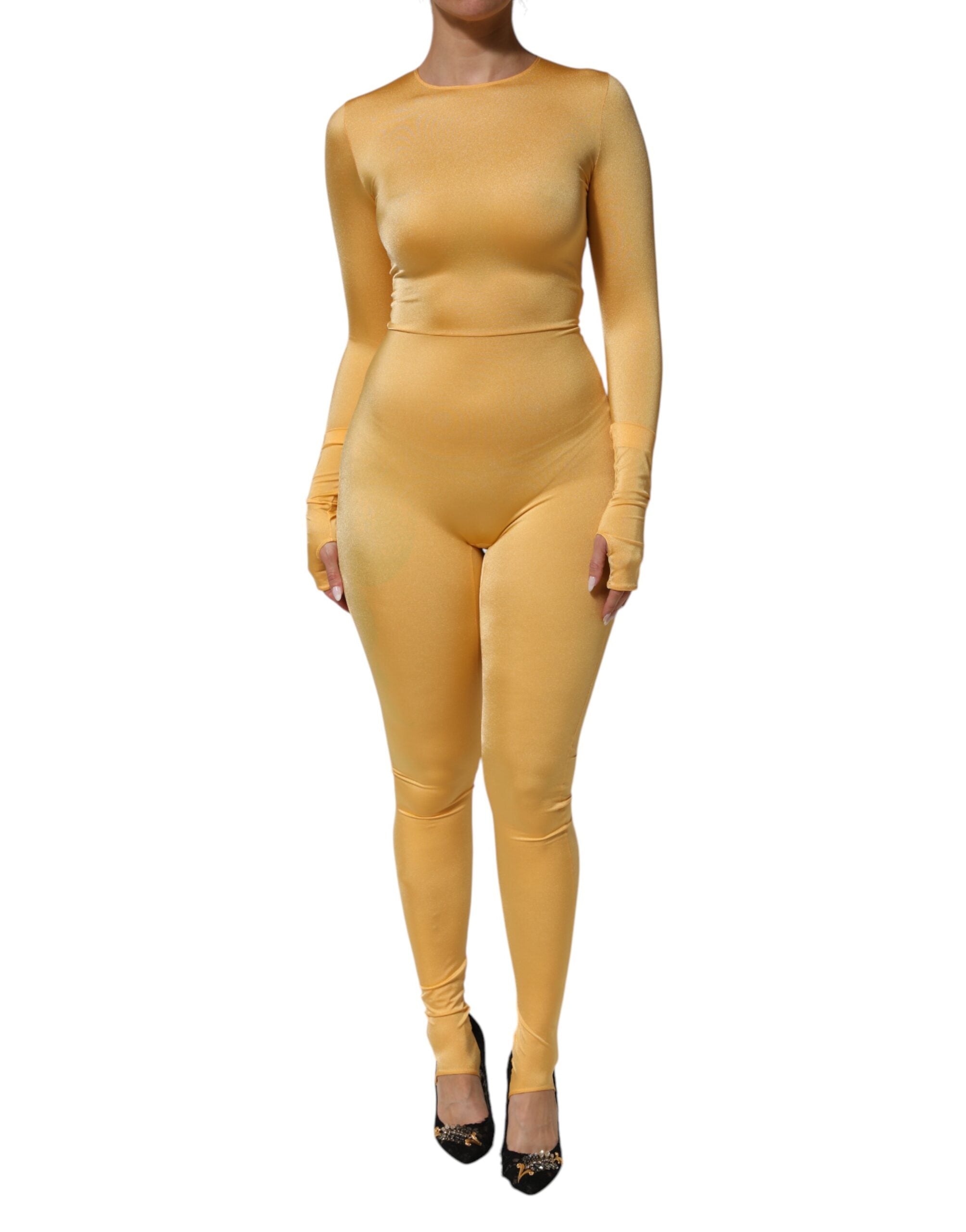Body en dentelle dorée et jaune Dolce & Gabbana, robe-body à manches longues stretch, élégante et sophistiquée.