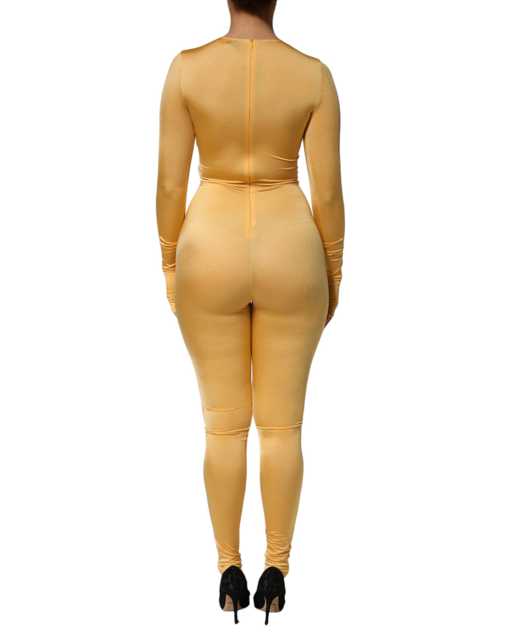 Body en dentelle jaune dorée Dolce & Gabbana, robe longue à manches longues et coupe ajustée.