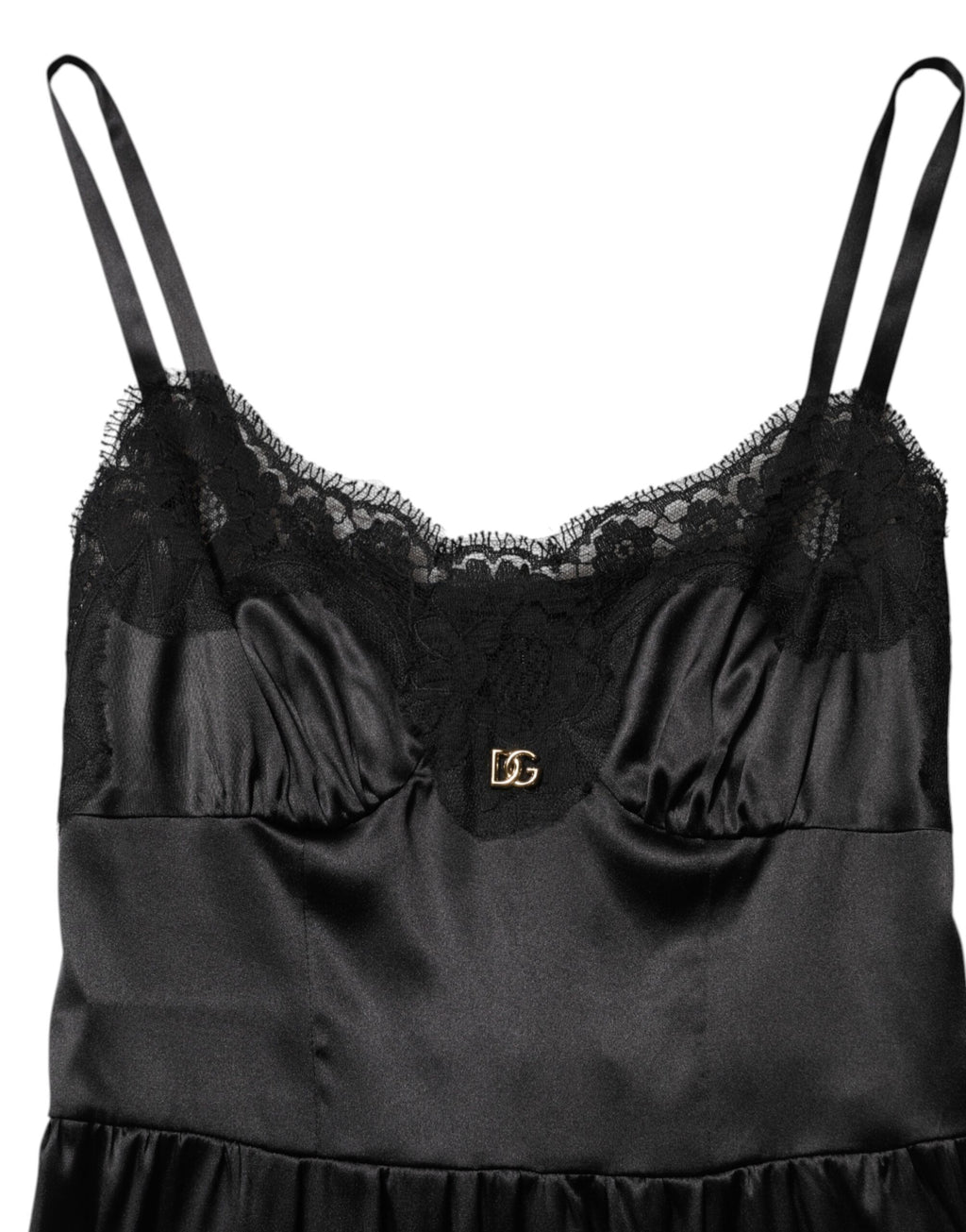 Robe courte sans manches Dolce & Gabbana en mélange de soie noire avec dentelle ornementale et finition élégante.
