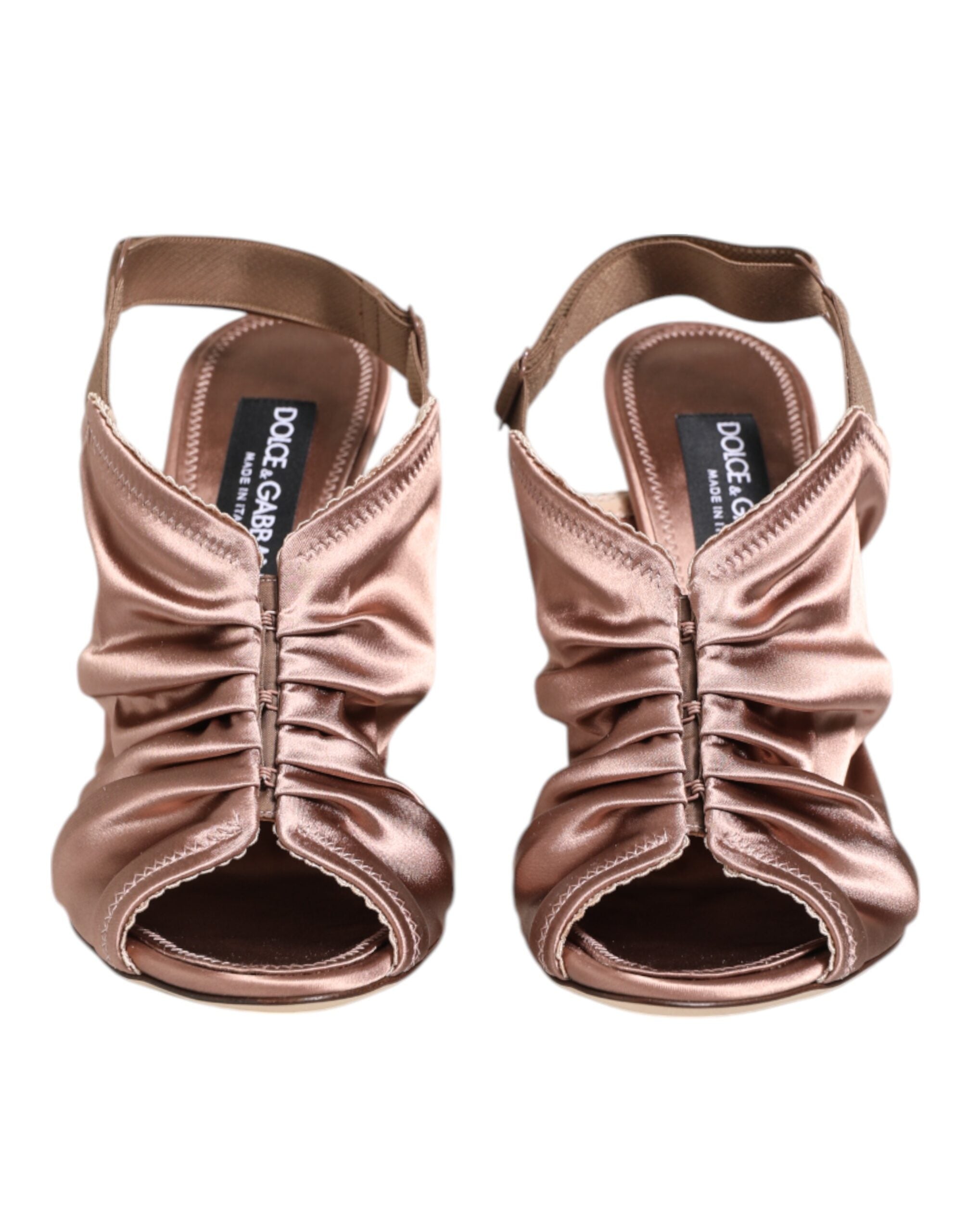 Sandales à talons en satin bronze Dolce & Gabbana, à nœud froncé et bride arrière élégante.