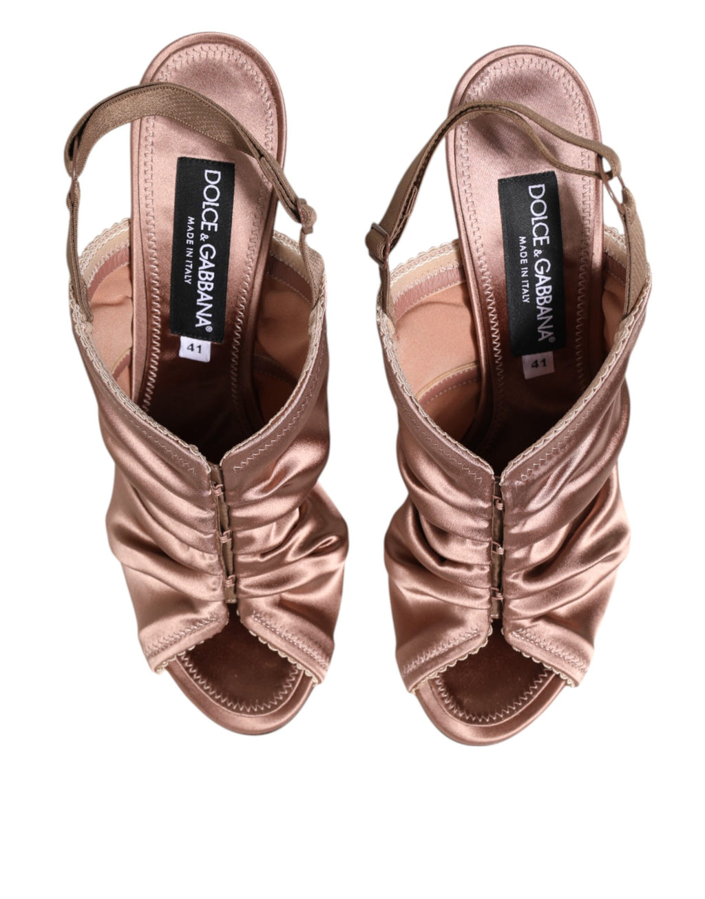 Sandales à talons en satin bronze Dolce & Gabbana avec brides ruched, élégantes et sophistiquées.
