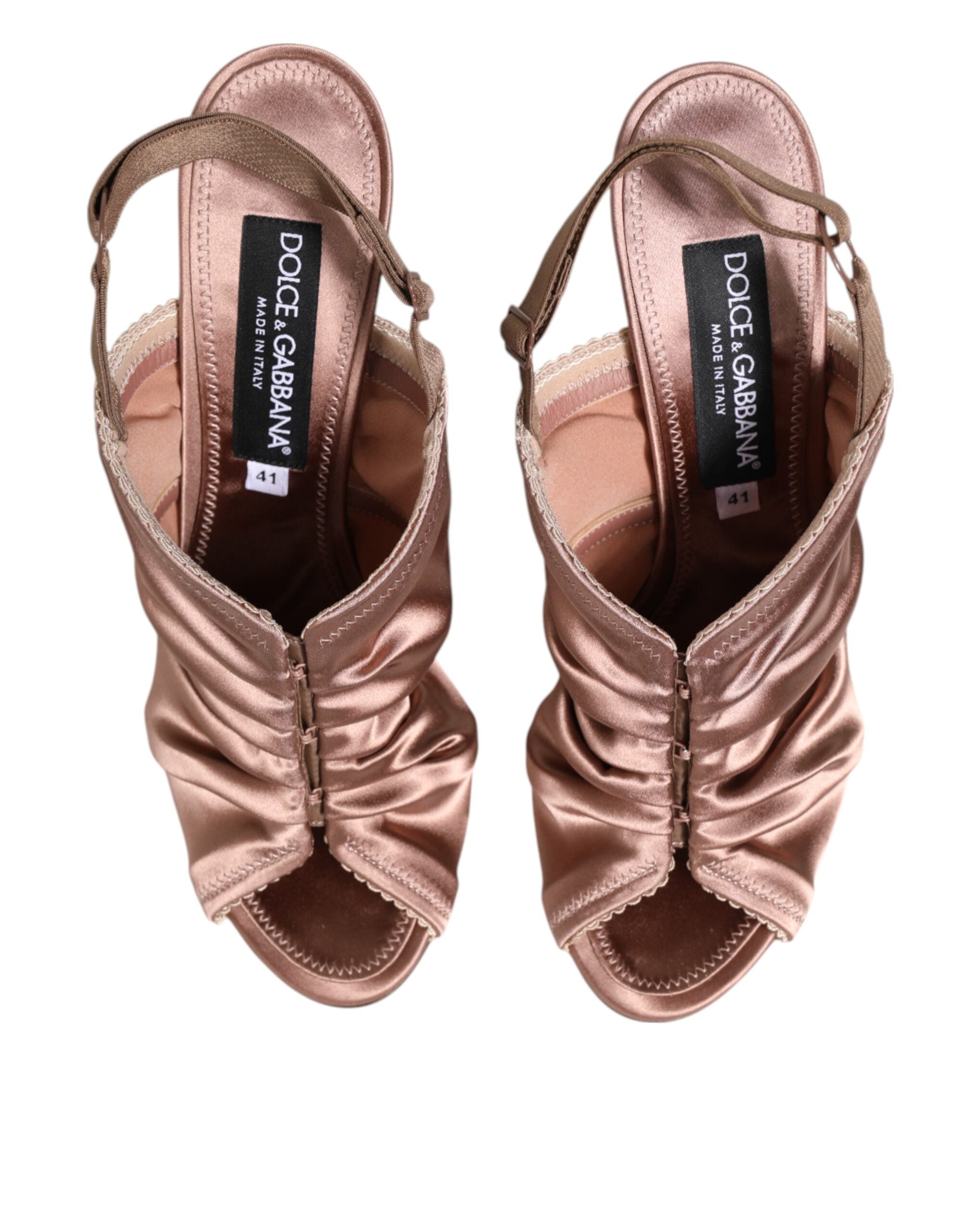 Sandales à talons en satin bronze Dolce & Gabbana avec brides ruched, élégantes et sophistiquées.