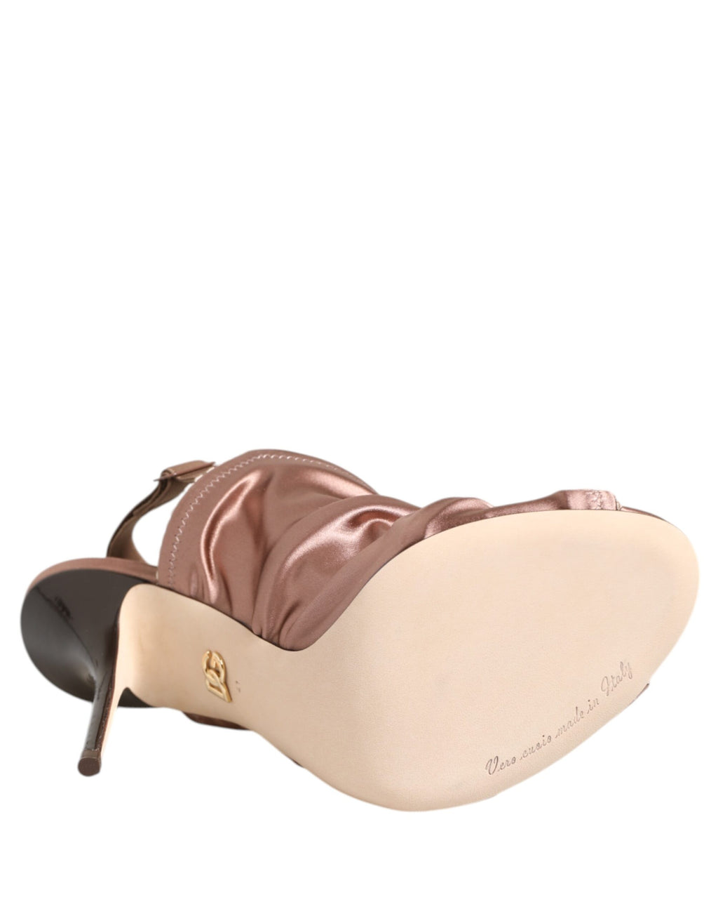 Sandales à talons satin bronze Dolce & Gabbana avec brides ruched et semelle élégante, vues de face sur fond neutre.