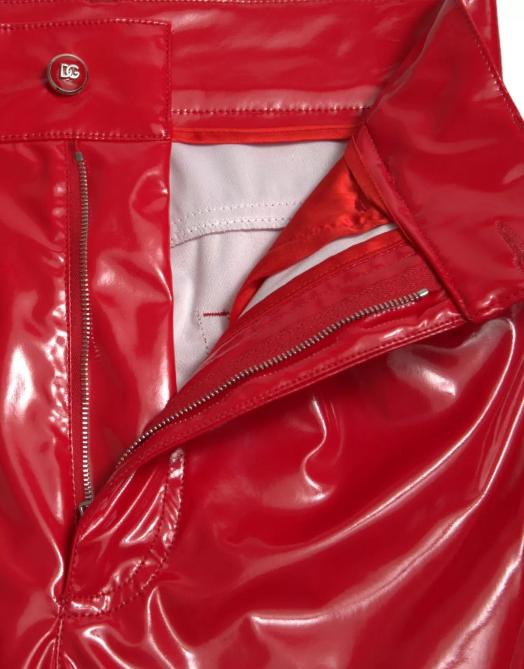 Pantalon skinny rouge à taille haute et brillant de Dolce & Gabbana, pantalon élégant en satin pour femme.