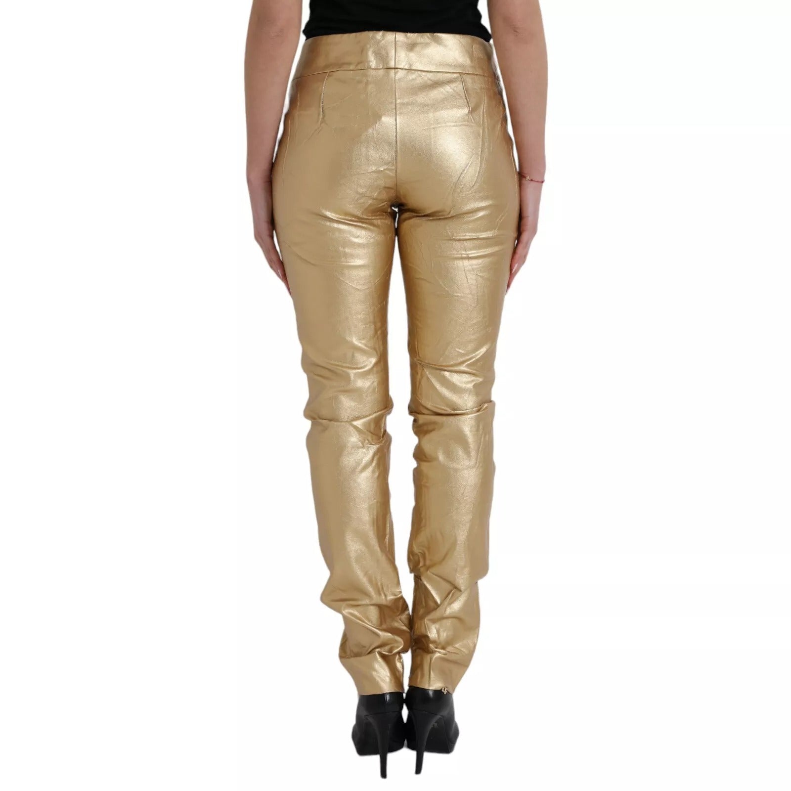 Pantalons dorés métalliques à taille haute pour femmes de Dolce & Gabbana, coupe skinny, style élégant et tendance.