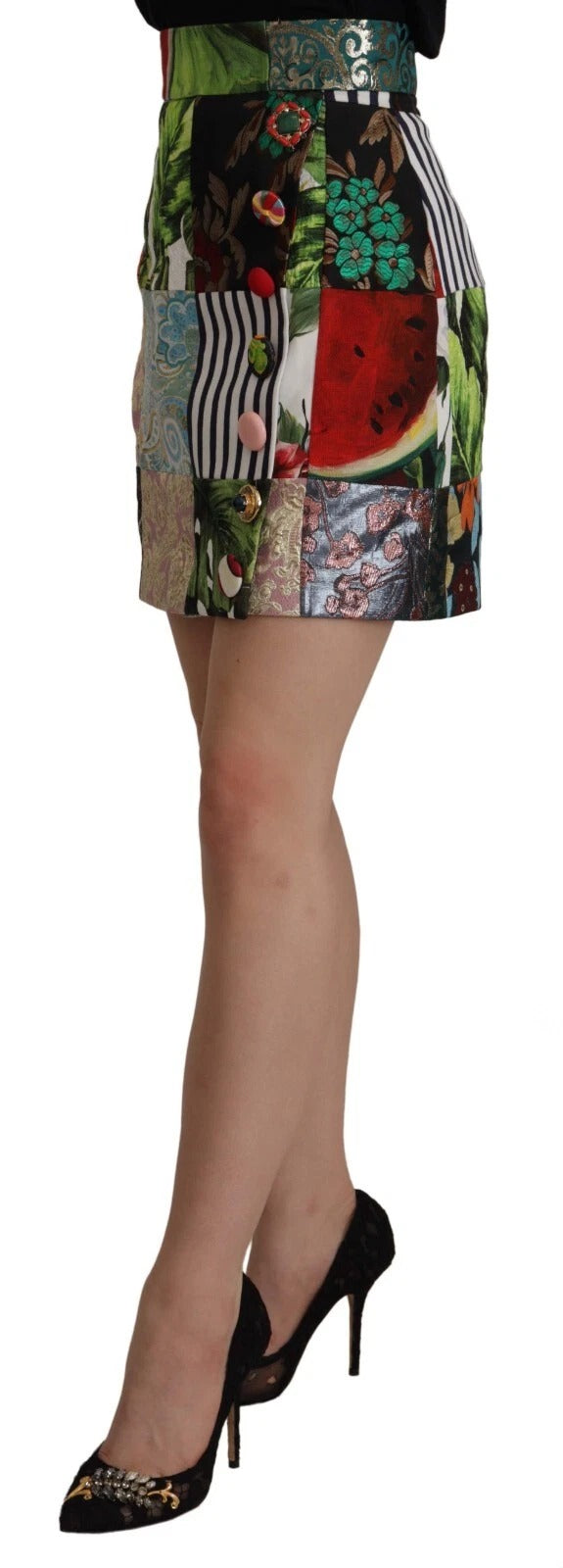 Jupe trapèze en polyester Dolce & Gabbana à patchwork multicolore, mode élégante et colorée avec motif unique.