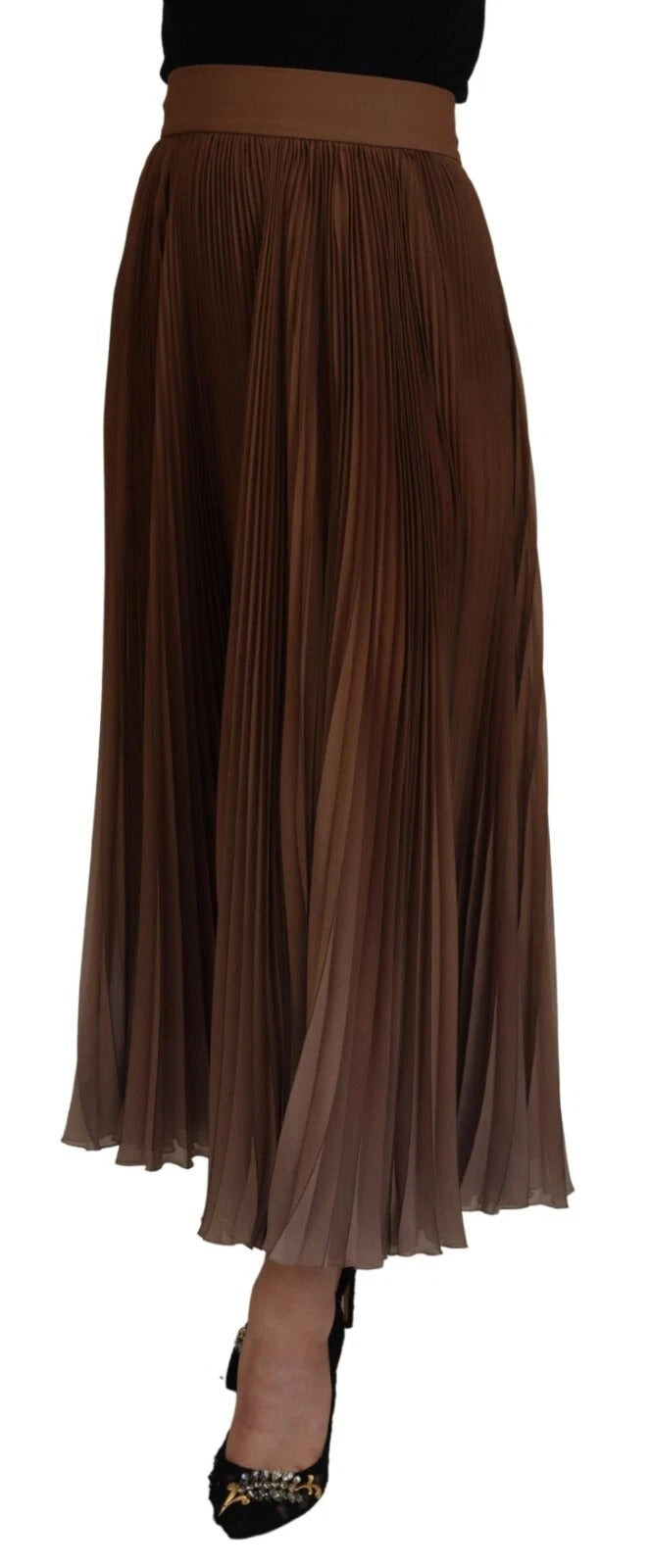 Jupe midi plissée en chiffon beige Dolce & Gabbana longue et élégante, vue de face sur un fond neutre.