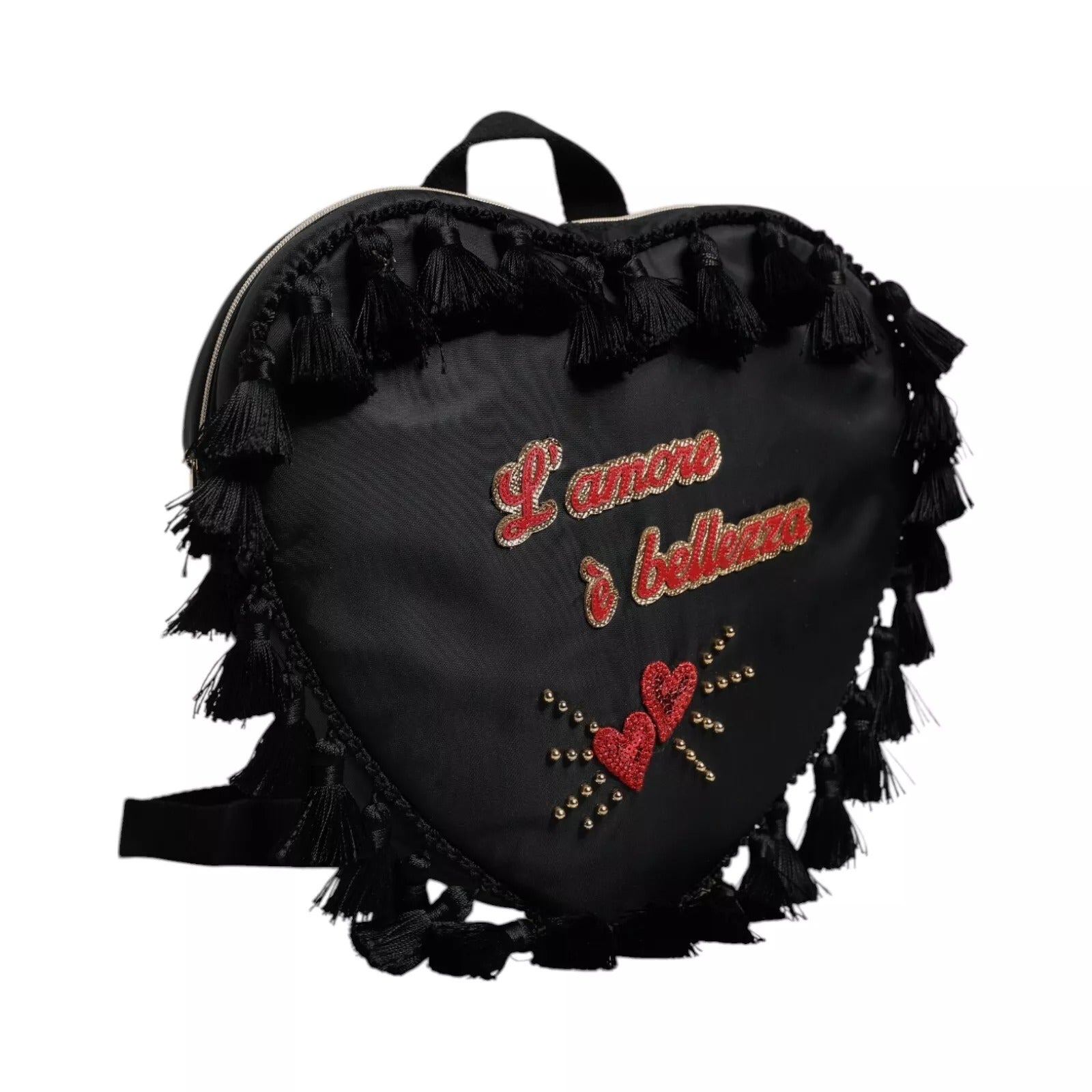 Sac à dos pour enfants Dolce & Gabbana noir avec patch cœur L'Amore orné de broderies et embellissements.
