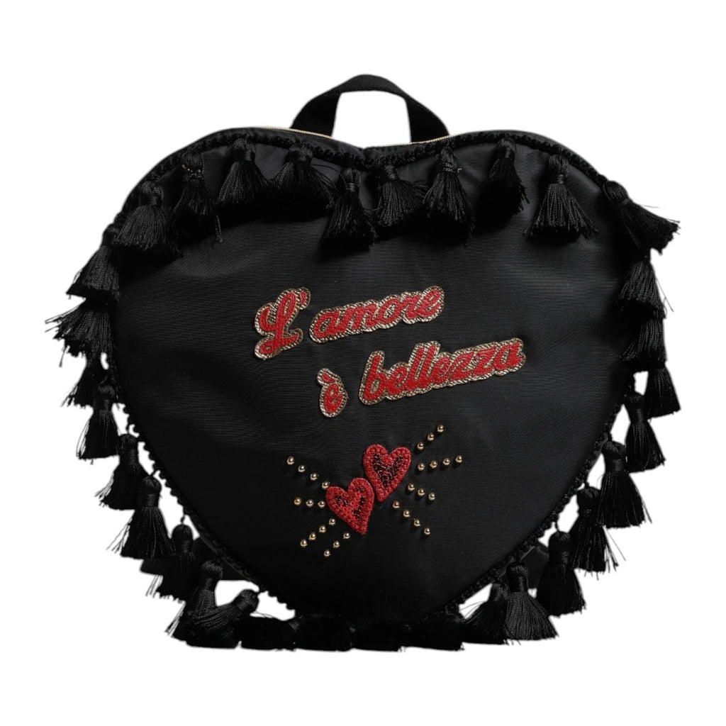Sac à dos pour enfants Dolce & Gabbana noir avec patch cœur L'Amore et embellissements, motif ludique et coloré.