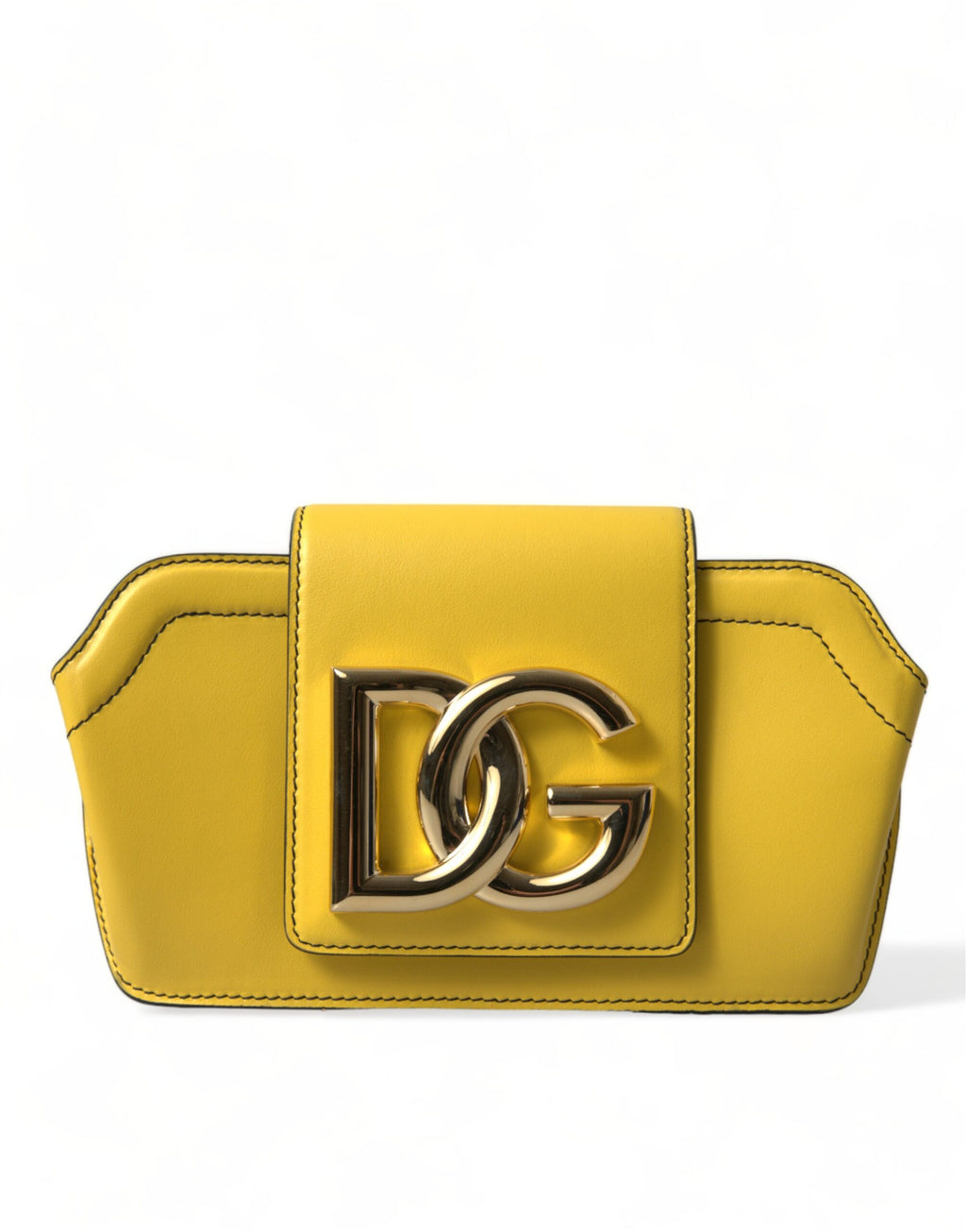 Sac clutch et bandoulière Dolce & Gabbana en cuir jaune lisse avec logo DG, élégant et sophistiqué.
