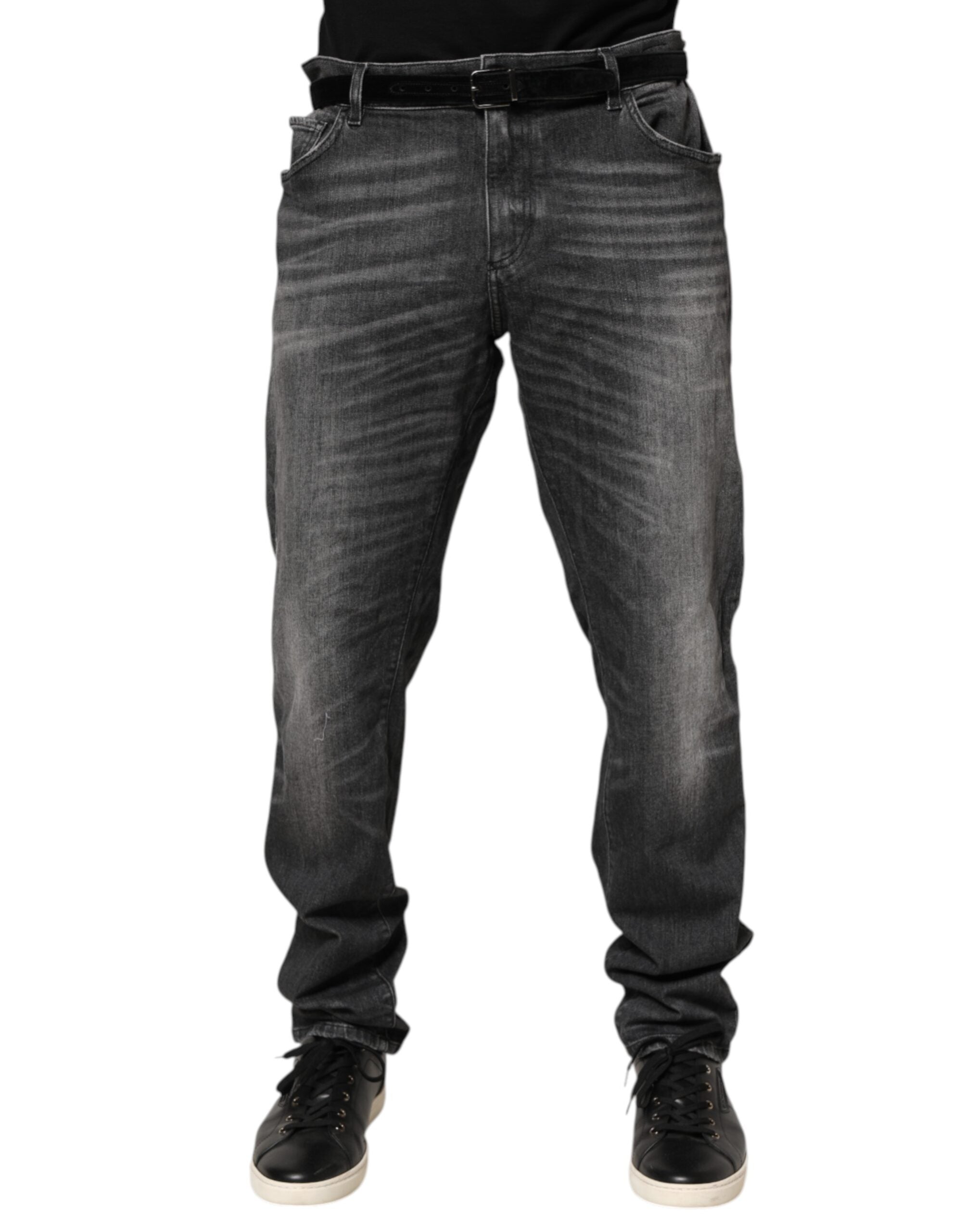 Jeans Dolce & Gabbana en denim noir et gris, coupe slim et jambe droite, visibles avec détails de lavage et couture.