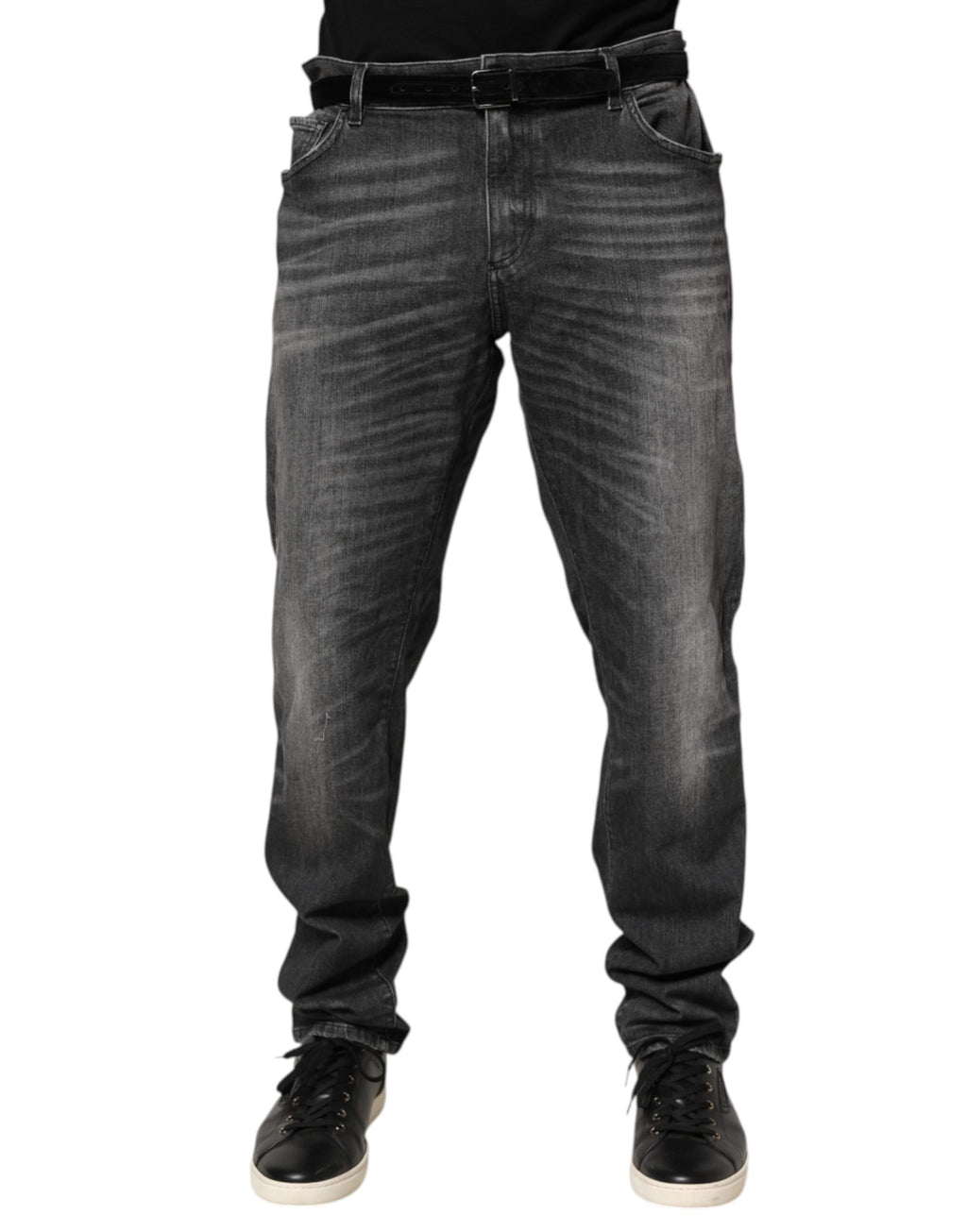 Jeans Dolce & Gabbana en denim noir et gris, coupe slim et jambe droite, vue détaillée du tissu et de la coupe.