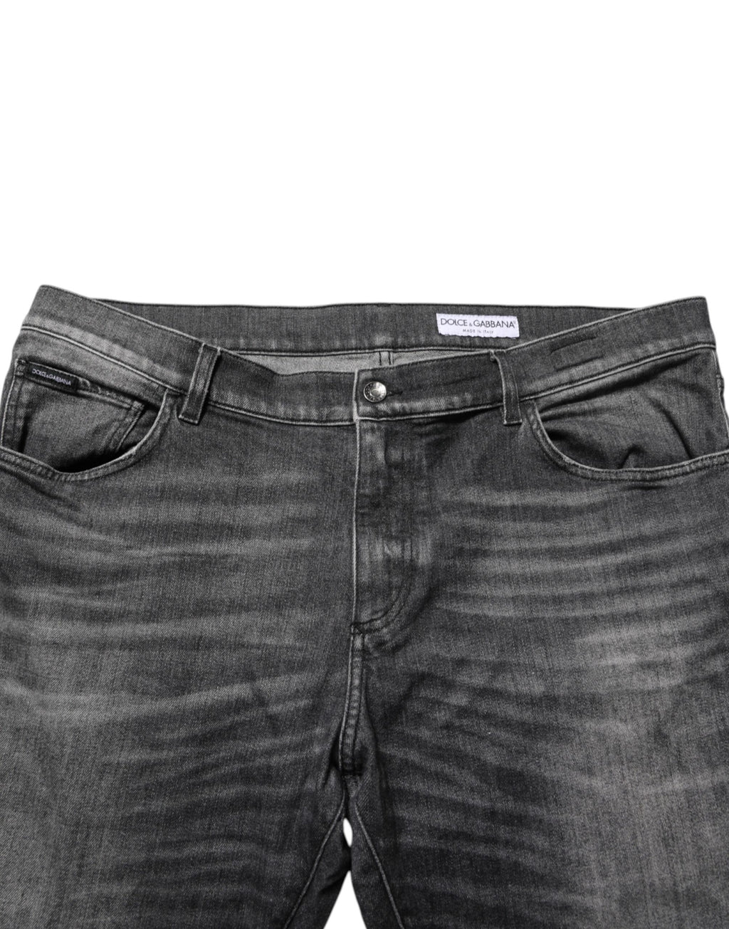 Jeans slim droit Dolce & Gabbana en denim noir gris wash, coupe ajustée et élégante, affichés sur un mannequin.