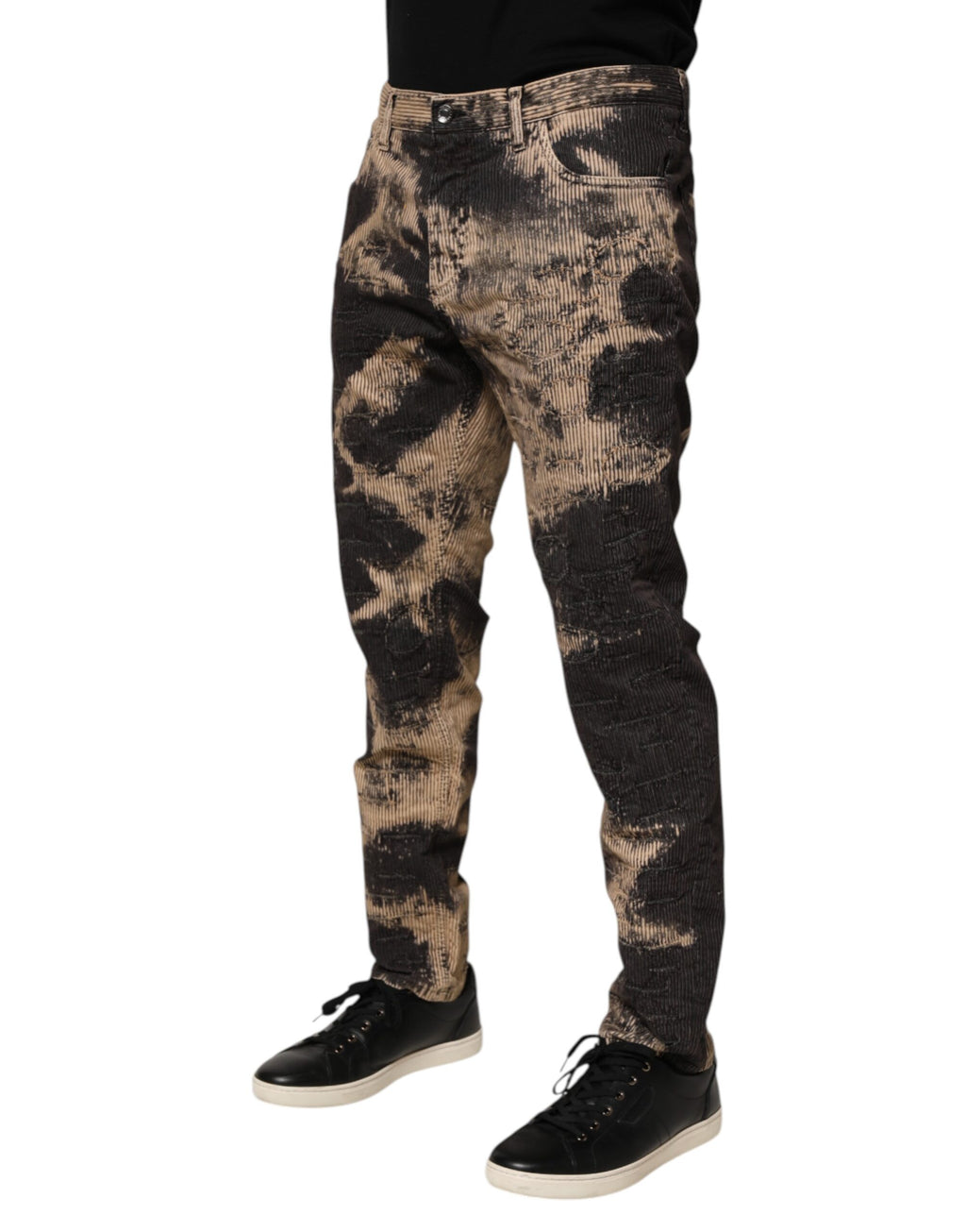 Pantalons en coton mélangé à motif tie-dye beige et noir de Dolce & Gabbana, en velours côtelé, pour un style tendance.