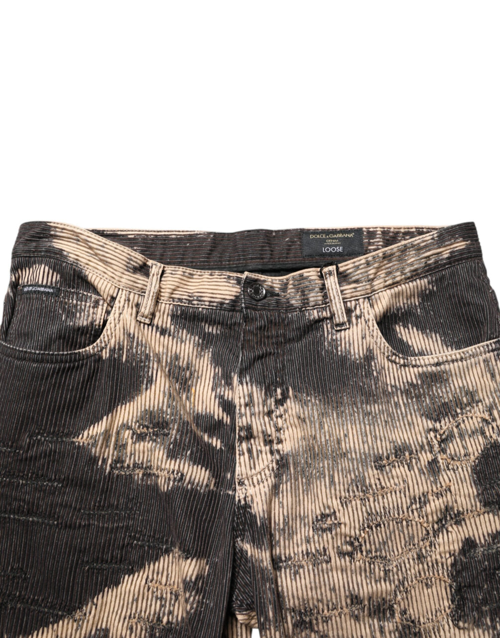 Pantalons Dolce & Gabbana en coton mélangé à rayures en velours côtelé beige et noir avec effet tie-dye, vue de face.