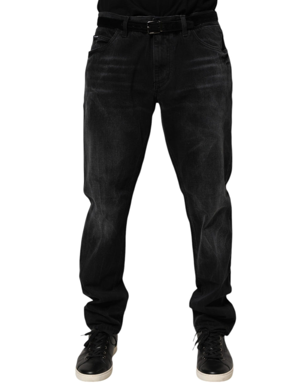 Jean homme skinny en coton délavé noir de Dolce & Gabbana, coupe ajustée et détails modernes visibles sur l'image.