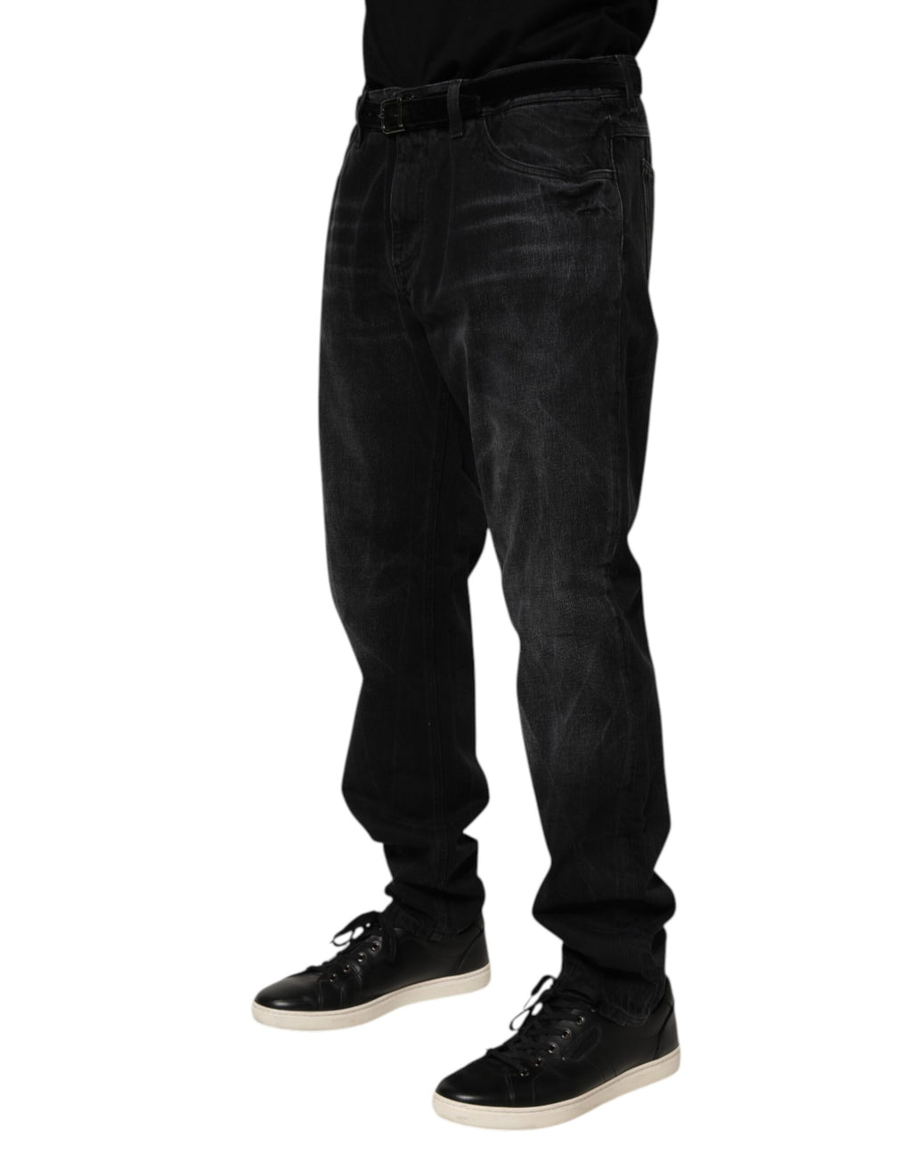 Jeans homme slim en coton délavé noir de Dolce & Gabbana, mode skinny avec poches et détails élégants.