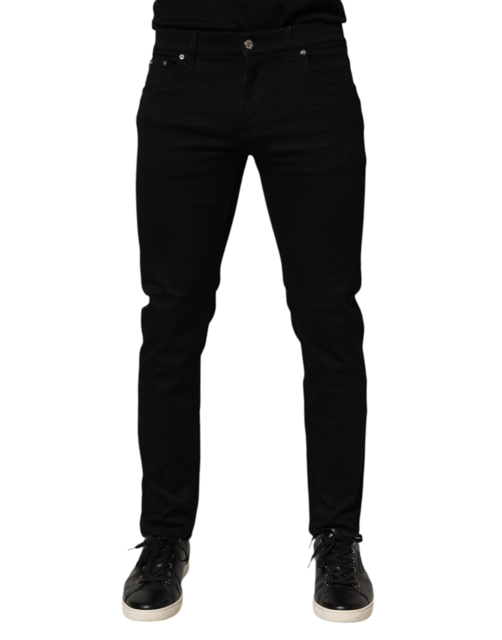 Pantalon skinny pour homme en coton mélangé noir de Dolce & Gabbana, style élégant et ajusté, vue de face.