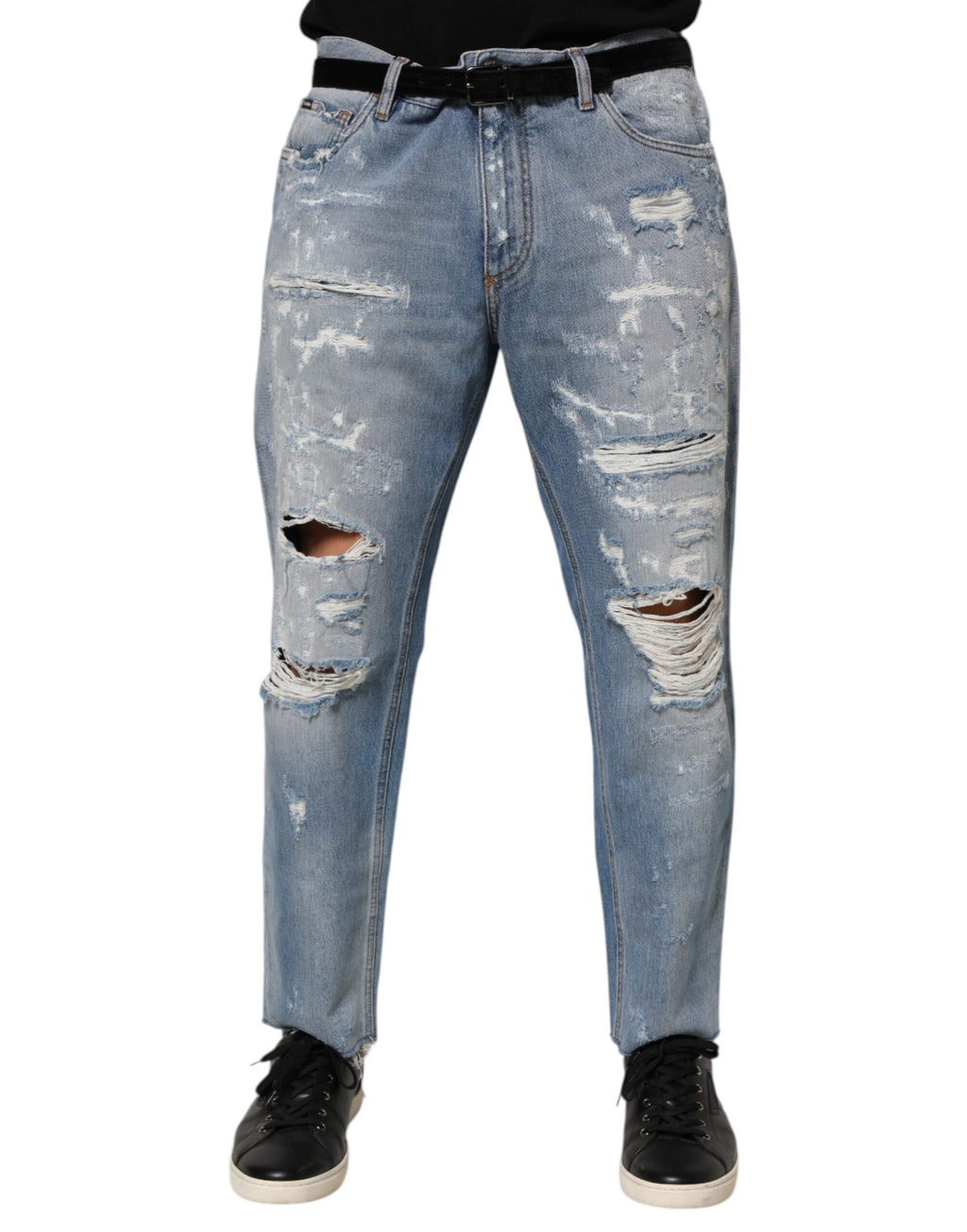 Pantalon en jean déchiré bleu Dolce & Gabbana, style décontracté avec détails usés et coupe moderne.