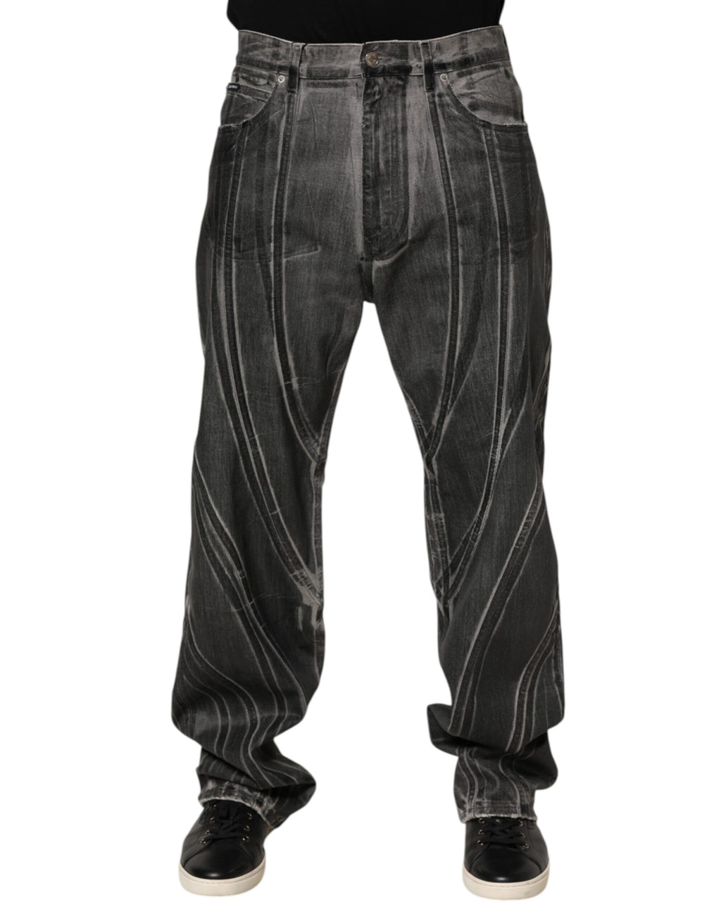 Pantalons en jean Dolce & Gabbana gris et noir à imprimé graphique, denim tendance et moderne.
