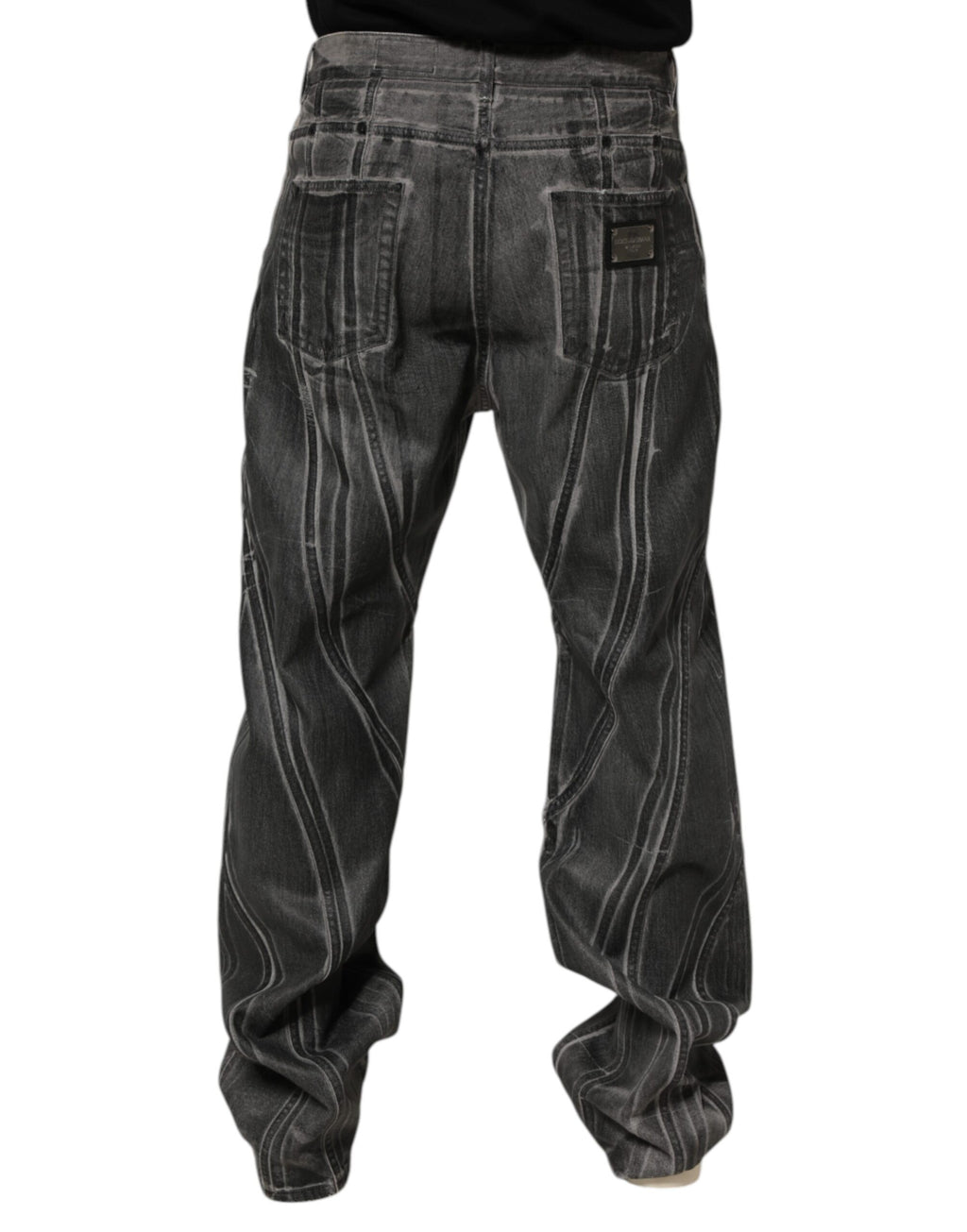 Jeans en denim noir et gris avec imprimé graphique Dolce & Gabbana, style décontracté et tendance.