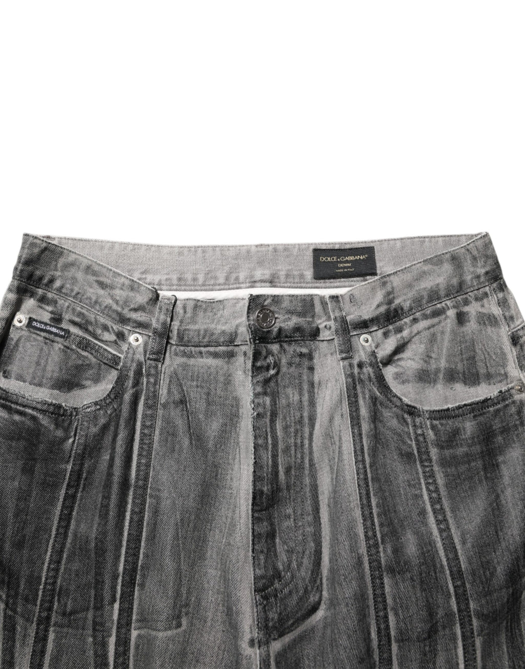 Jeans en denim noir et gris Dolce & Gabbana avec motif graphique, pantalons décontractés pour homme.