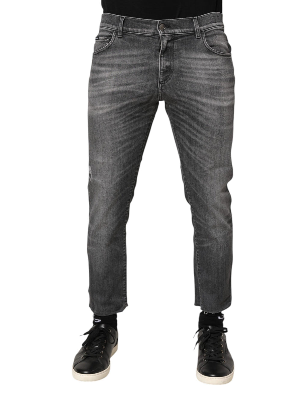 Jeans slim en denim gris Dolce & Gabbana en coton, avec détails déchirés et style décontracté.