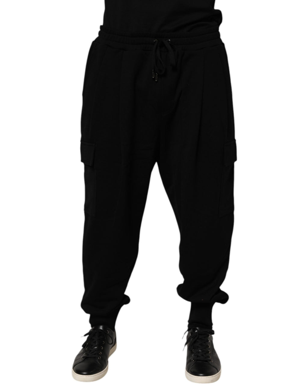 Pantalon cargo jogger en coton mélangé noir Dolce & Gabbana avec cordon de serrage, style décontracté et moderne.