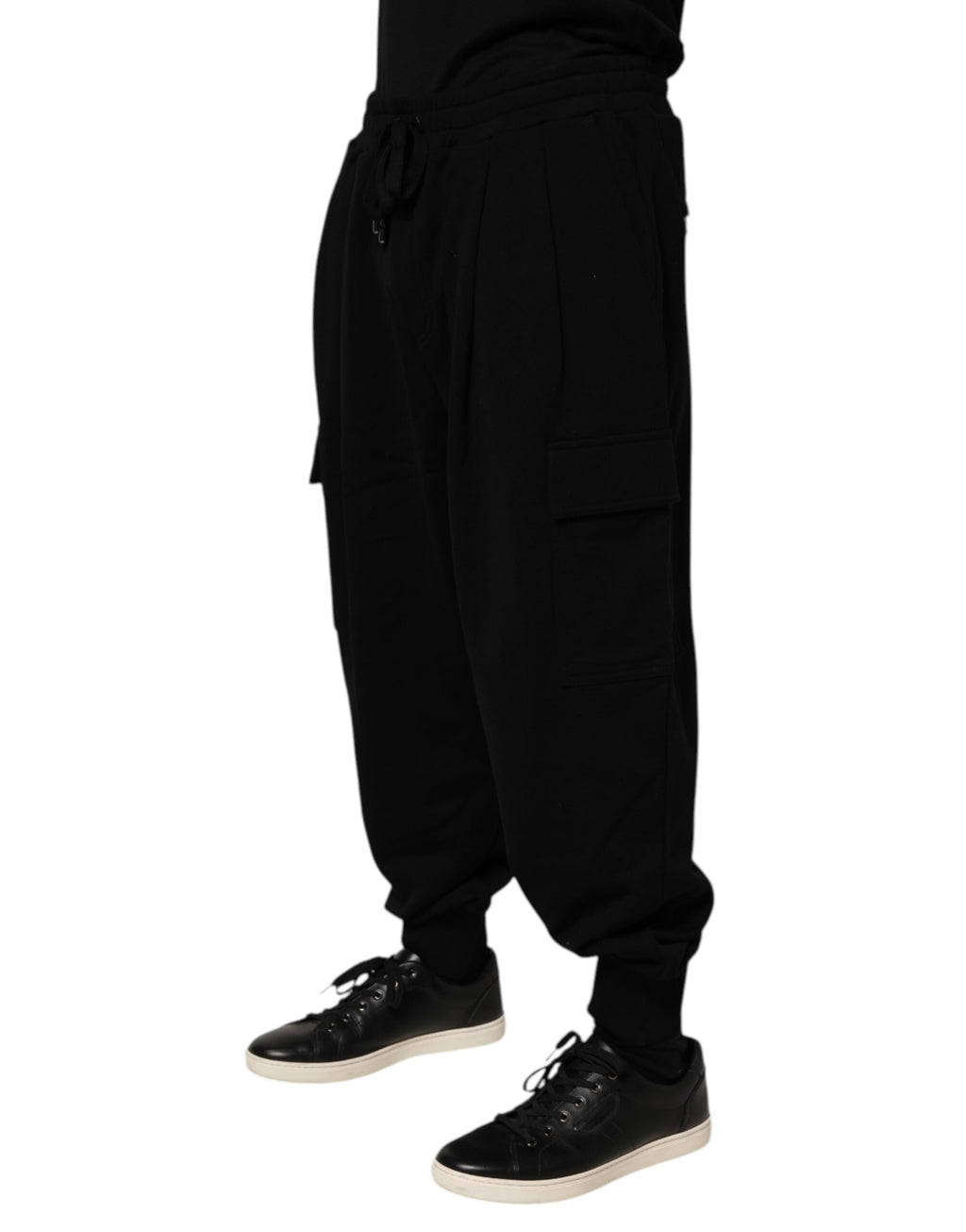 Pantalons cargo Dolce & Gabbana en coton mélangé noir avec cordon de serrage et poches latérales, style décontracté.
