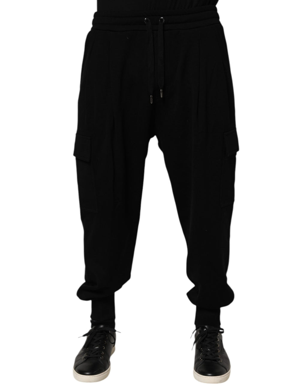 Pantalons cargo Dolce & Gabbana en coton mélangé noir avec cordons de serrage, style décontracté et moderne.