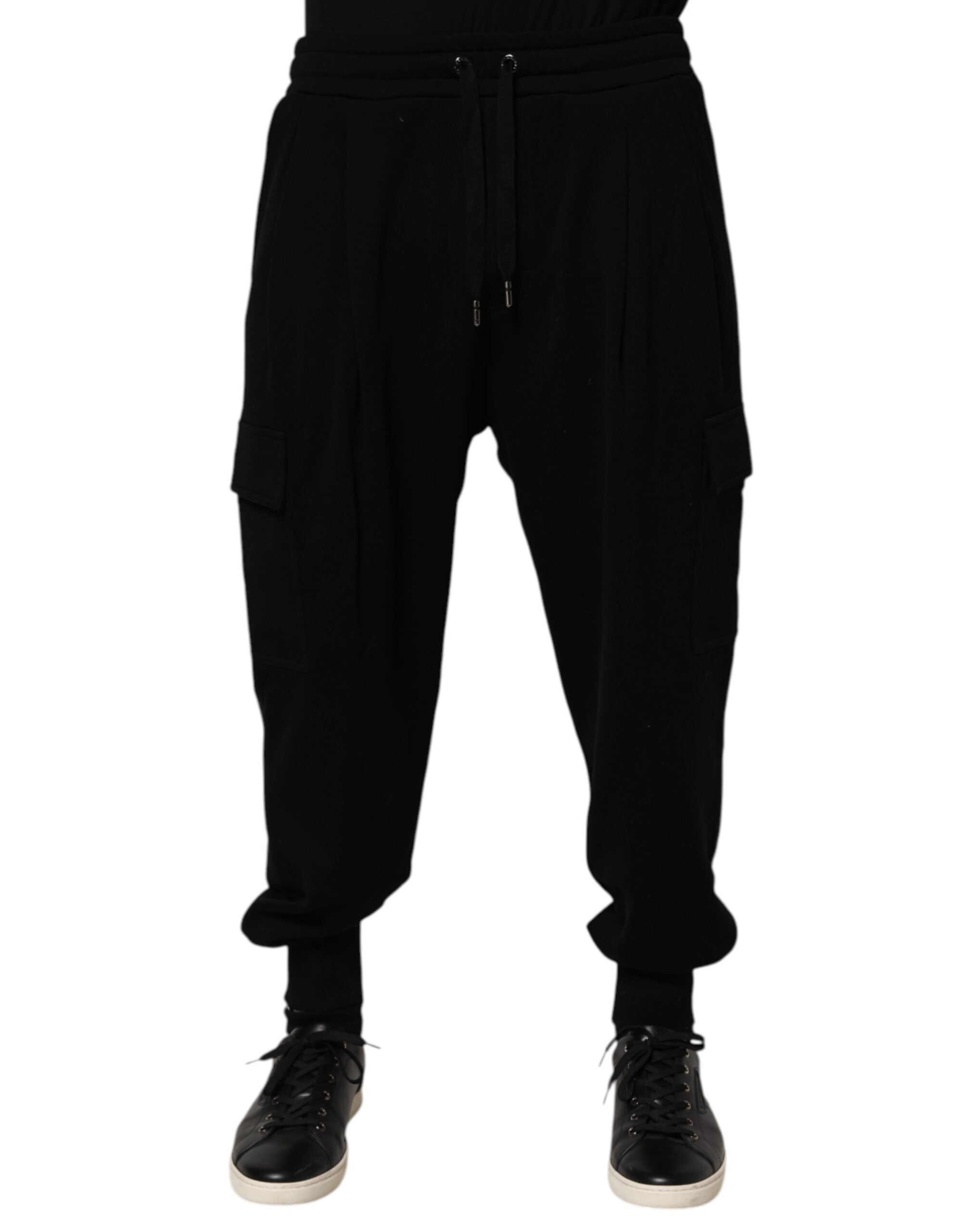 Pantalons cargo Dolce & Gabbana en coton mélangé noir avec cordons de serrage, style décontracté et moderne.