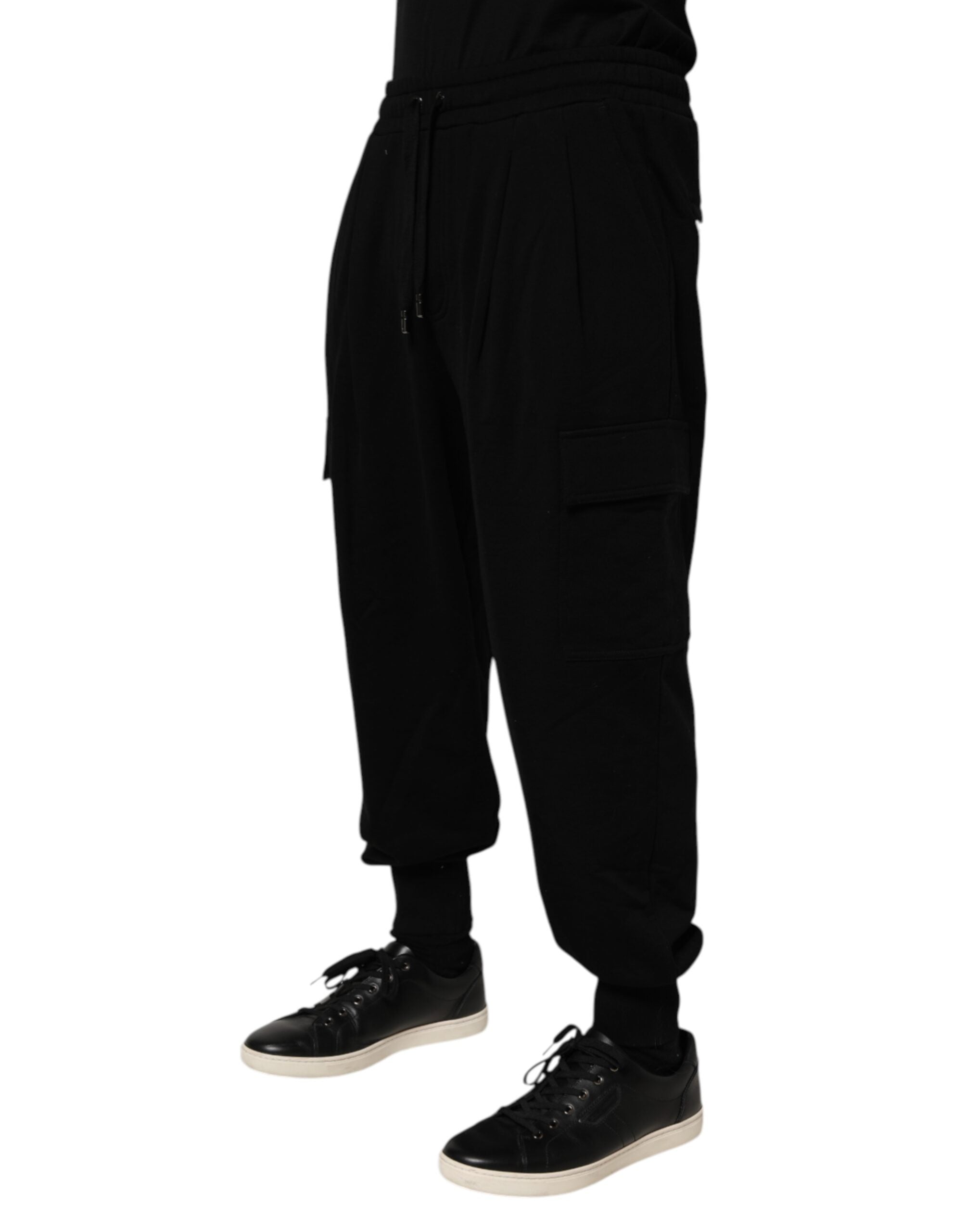 Pantalons cargo joggers Dolce & Gabbana en coton mélangé noir avec cordon de serrage, style décontracté et moderne.