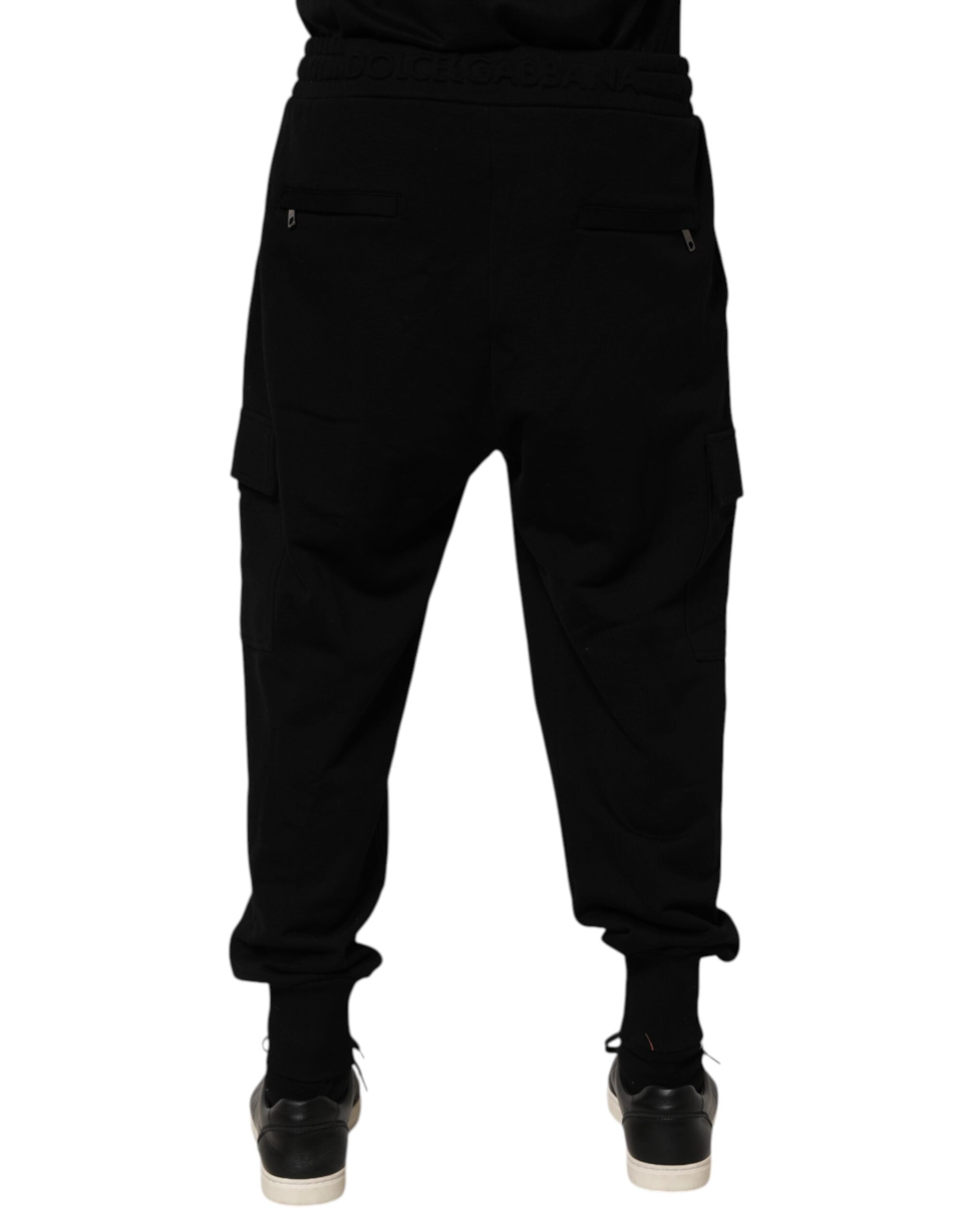 Pantalon cargo jogger Dolce & Gabbana en coton mélangé noir avec ceinture à cordon, style décontracté et tendance.
